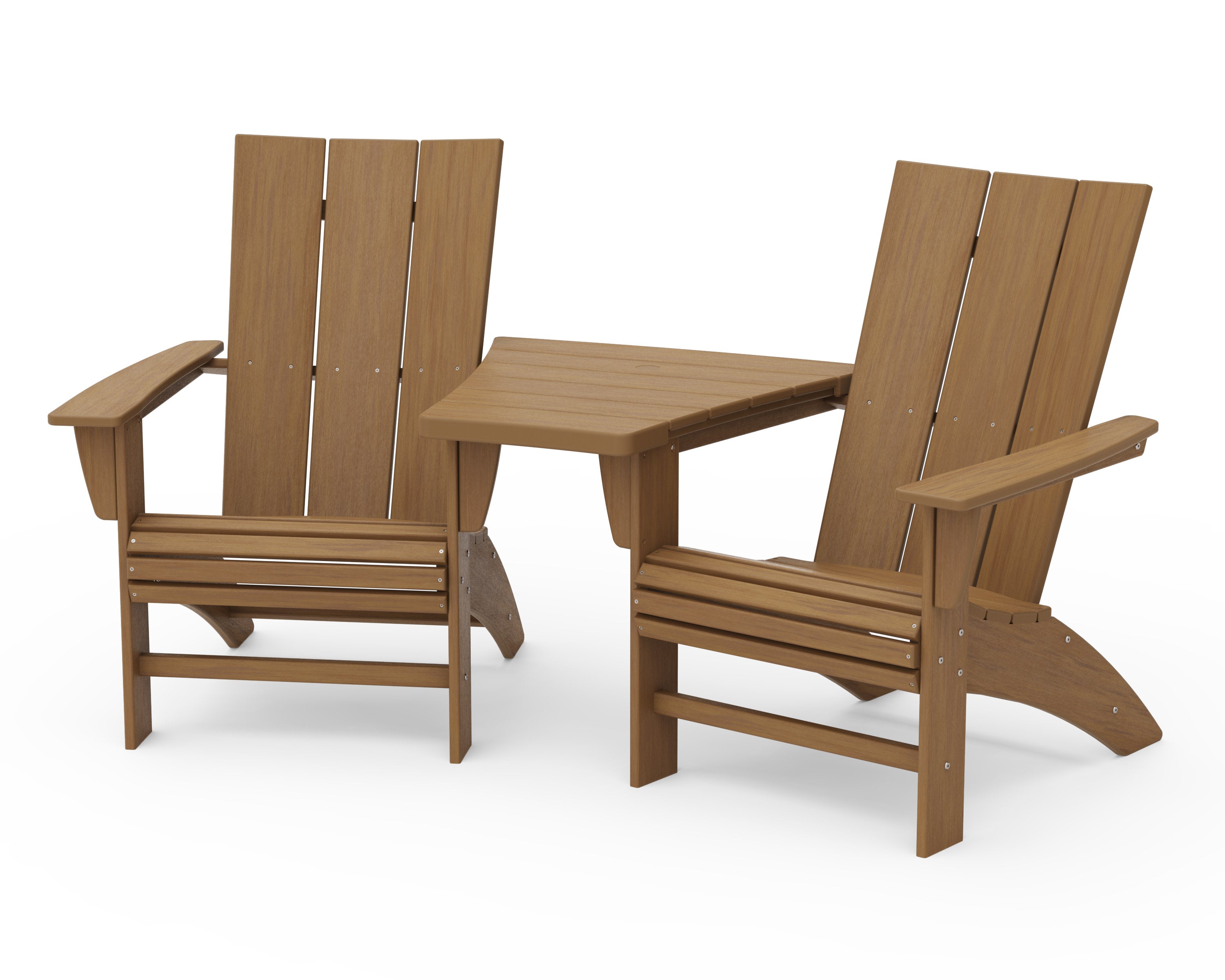 Modern 3-Piece Curveback Adirondack Set with Angled Connecting Table in Natural