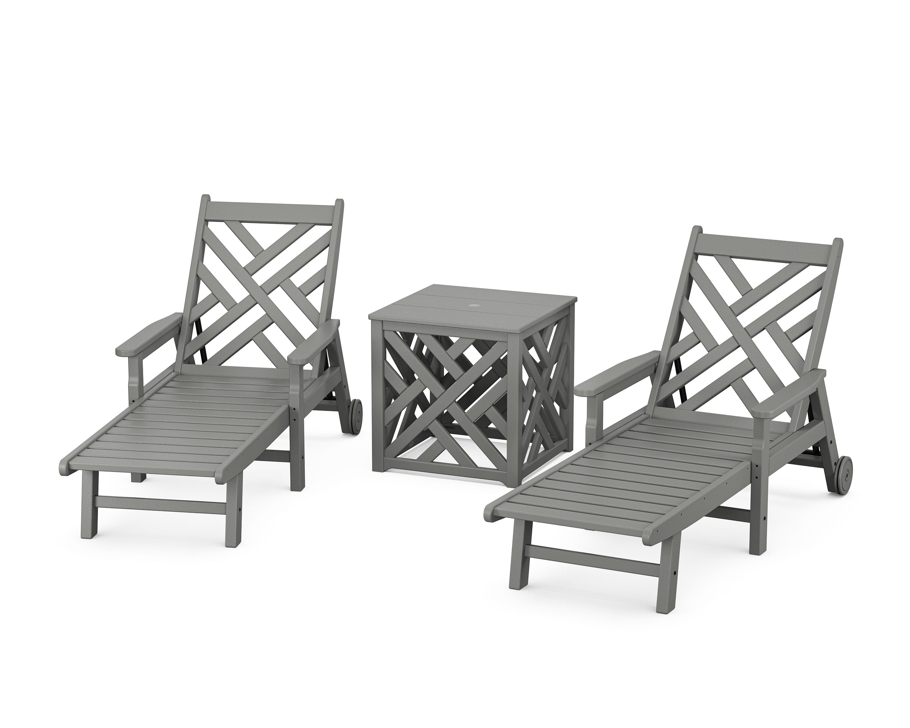 Chippendale 3-Piece Chaise Set with Umbrella Stand Accent Table in Slate Grey