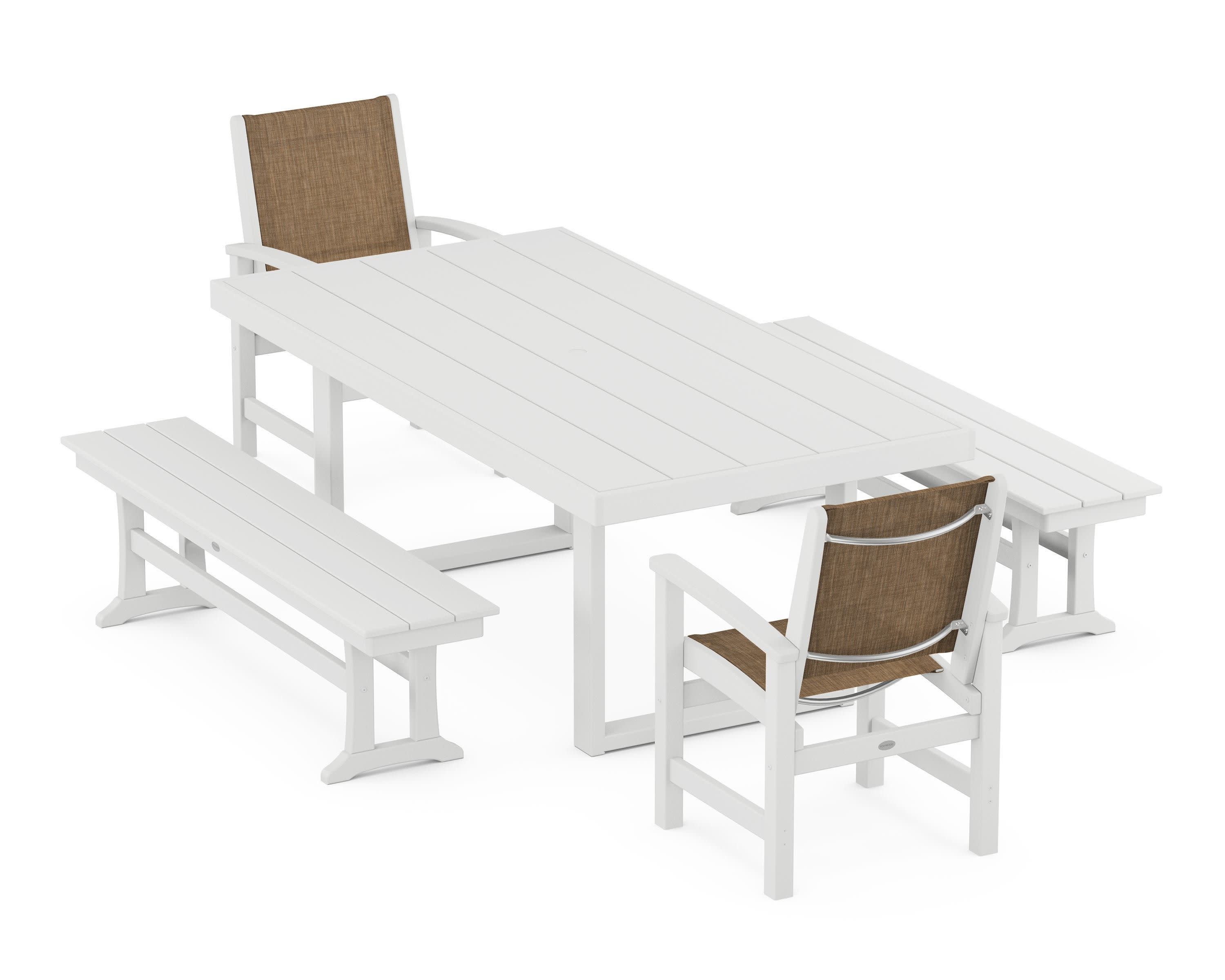 Coastal 5-Piece Dining Set with Trestle Legs in White / Burlap Sling