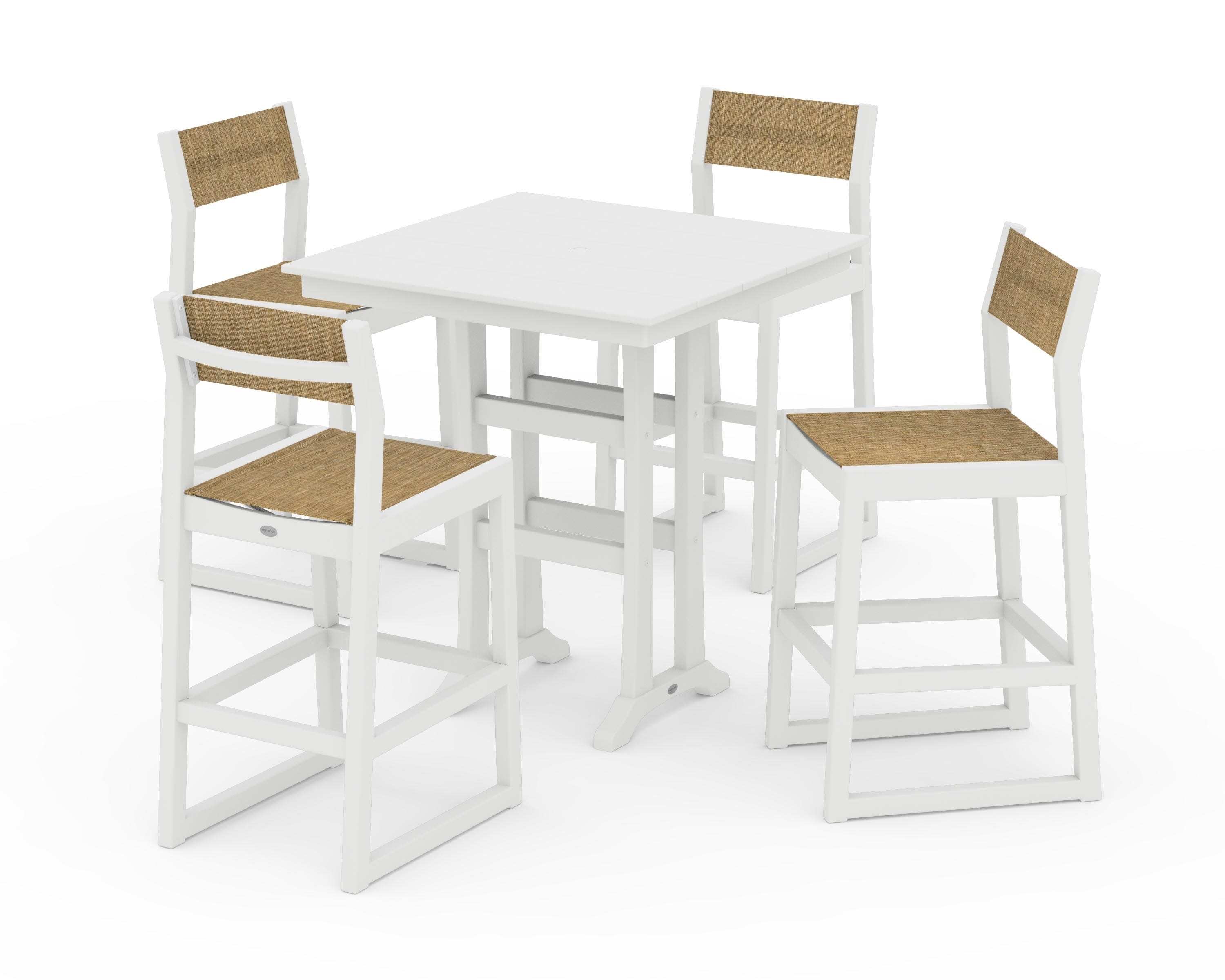EDGE Sling Arm Chair 5-Piece Farmhouse Bar Set with Trestle Legs in White / Burlap Sling