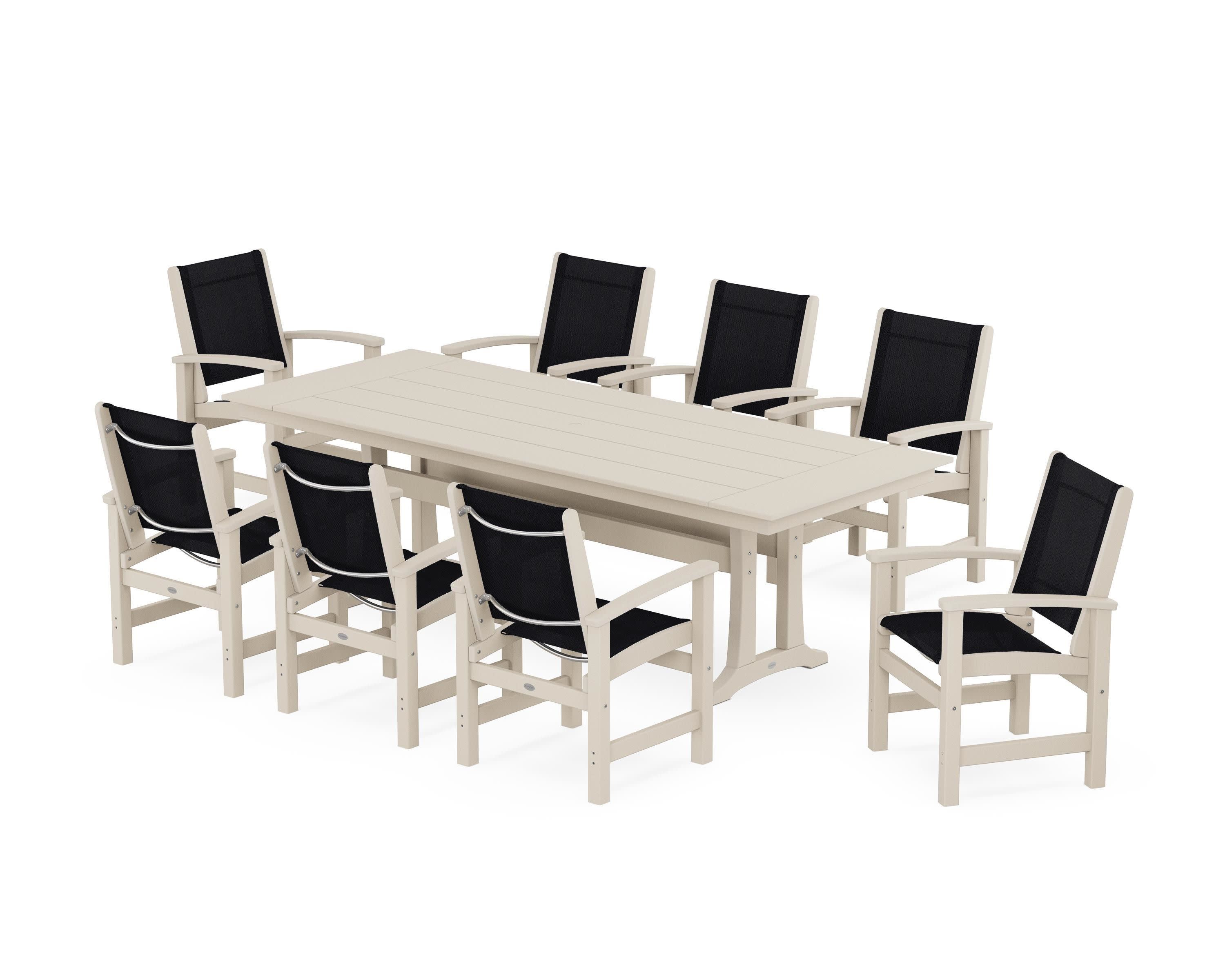 Coastal 9-Piece Farmhouse Dining Set with Trestle Legs in Sand / Black Sling