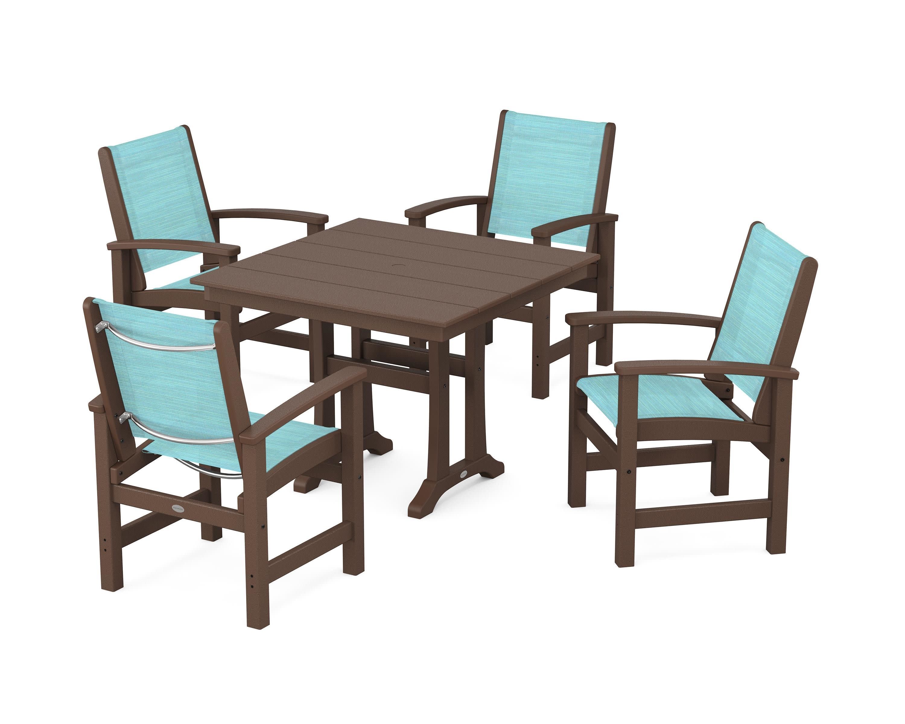 Coastal 5-Piece Farmhouse Dining Set With Trestle Legs in Mahogany / Dupioni Aquamarine Sling
