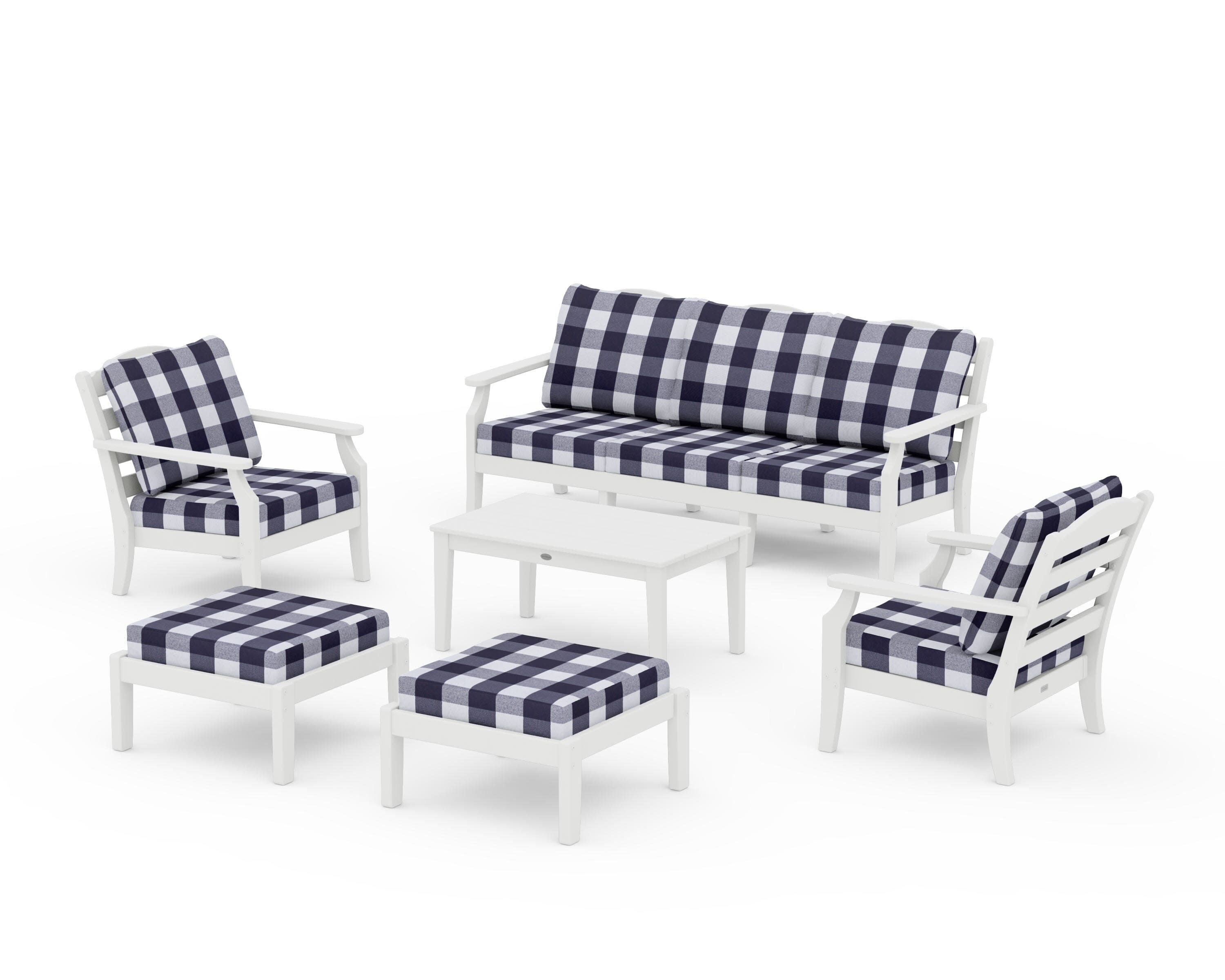 Savannah 6-Piece Lounge Sofa Set in White / Buffalo Plaid Navy