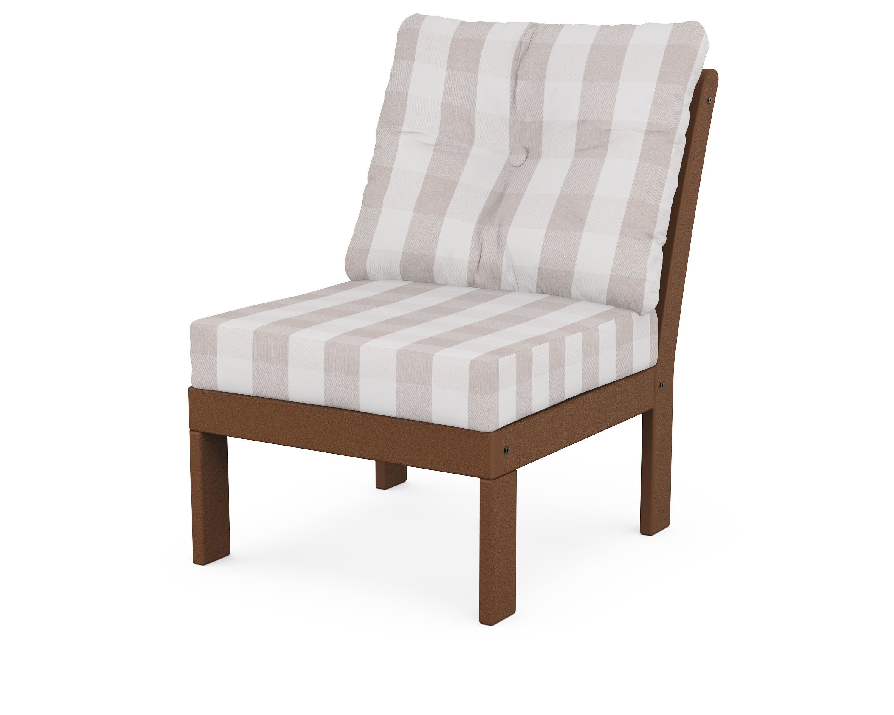 Vineyard Modular Armless Chair in Teak / Buffalo Plaid Dune Burlap