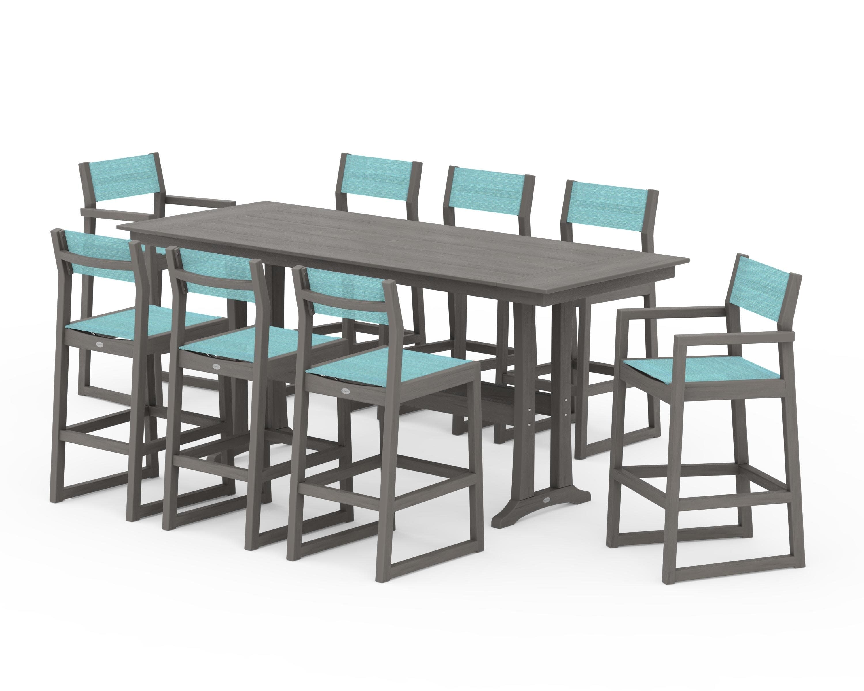 EDGE Sling 9-Piece Farmhouse Bar Set with Trestle Legs in Driftwood / Dupioni Aquamarine Sling