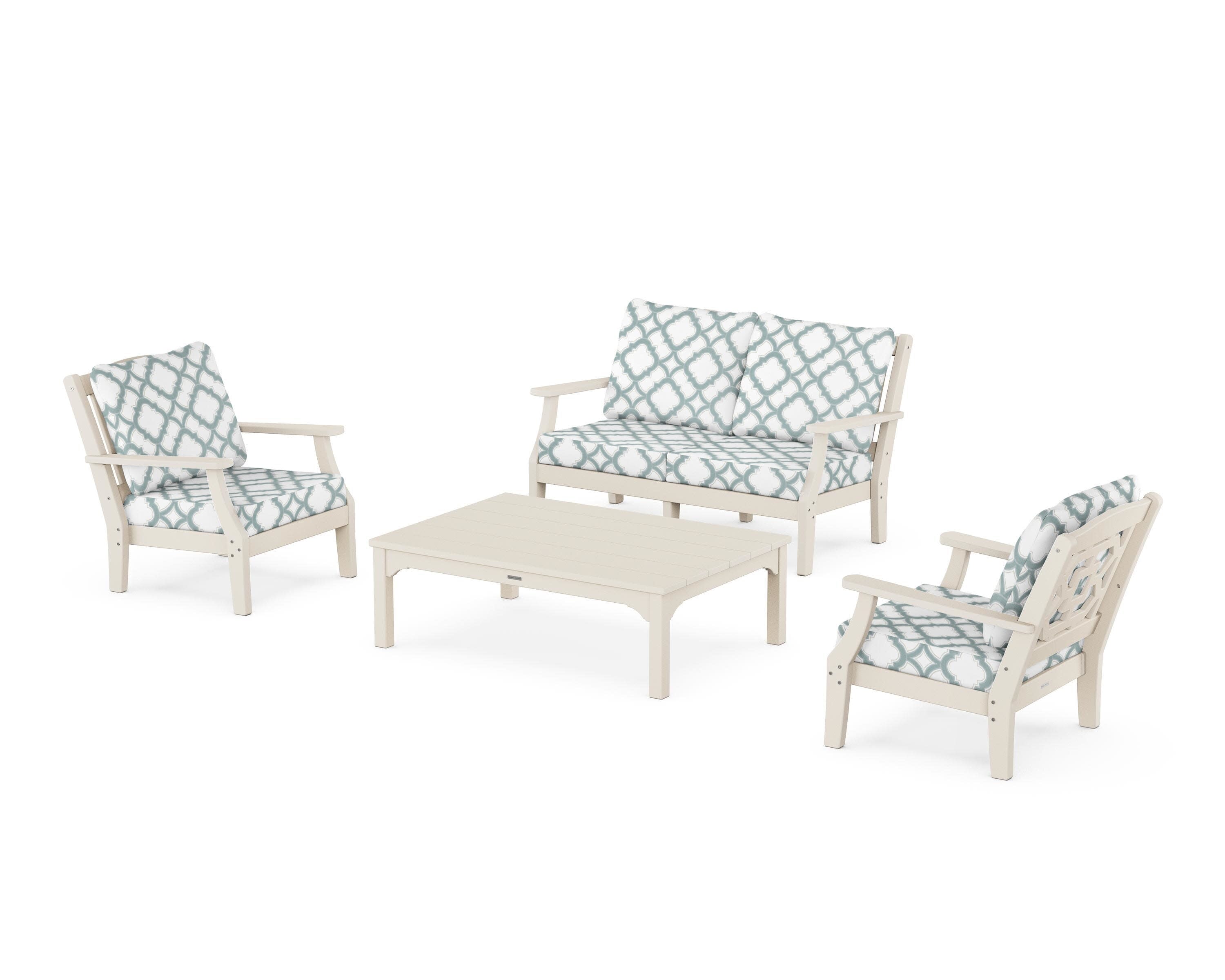 Chinoiserie 4-Piece Deep Seating Set with Loveseat in Sand / Trellis Glacier Spa