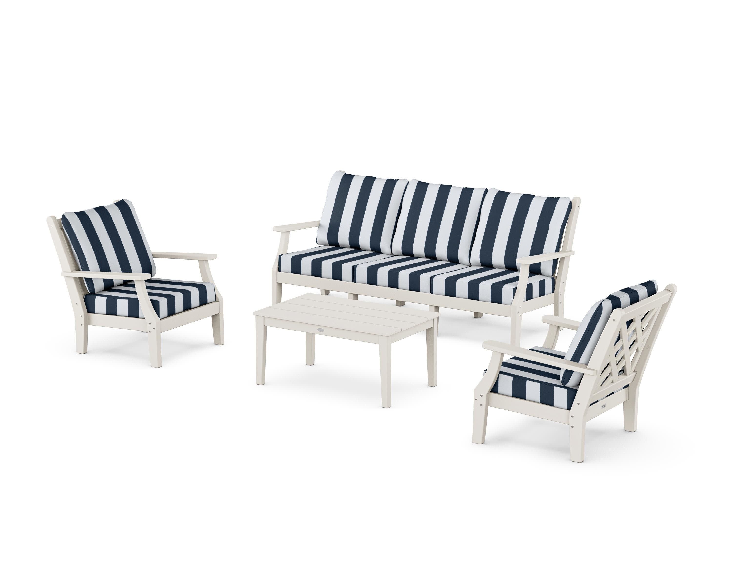 Wovendale 4-Piece Deep Seating Set with Sofa in Sand / Cabana Stripe Marine Indigo