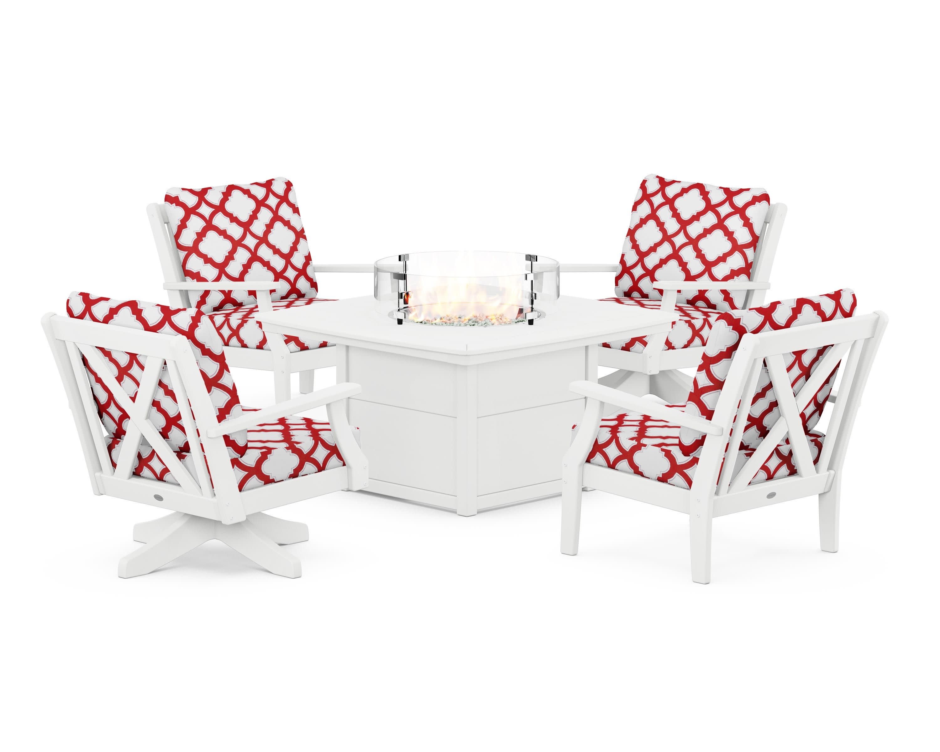 Braxton 5-Piece Deep Seating Set with Fire Table in White / Trellis Crimson