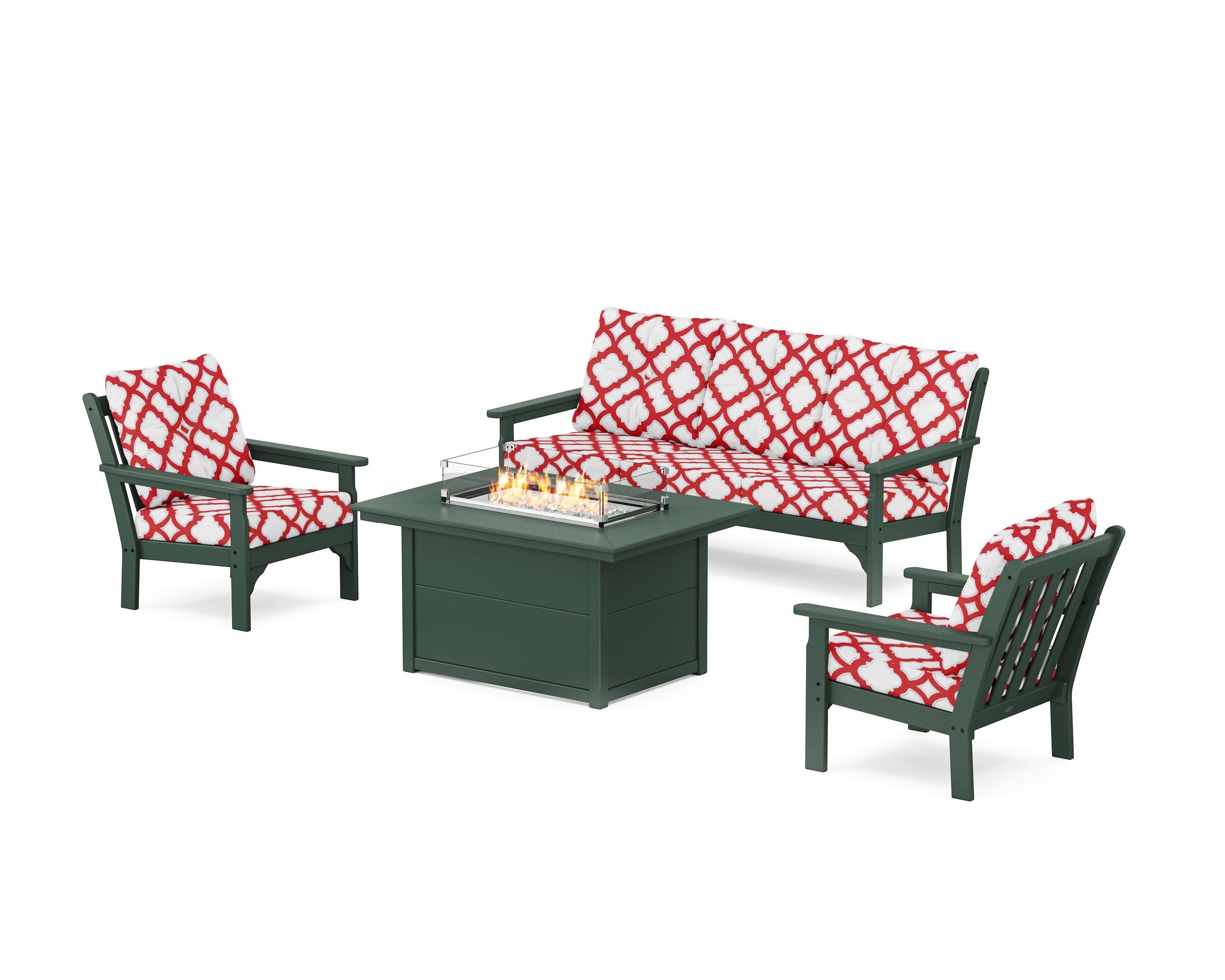 Vineyard Deep Seating Fire Pit Table Set in Green / Trellis Crimson