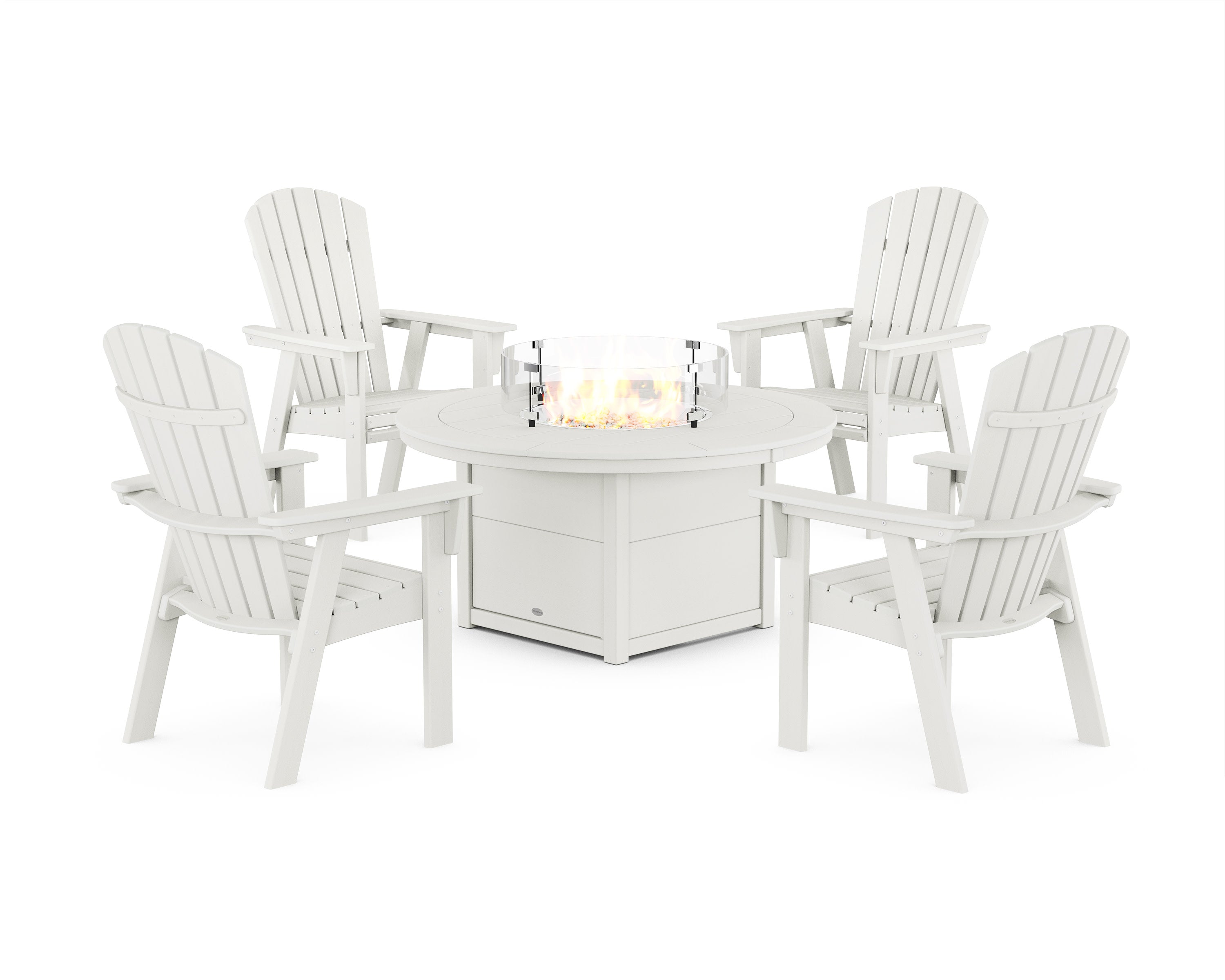 Nautical 4-Piece Curveback Upright Adirondack Conversation Set with Fire Pit Table in Vintage White
