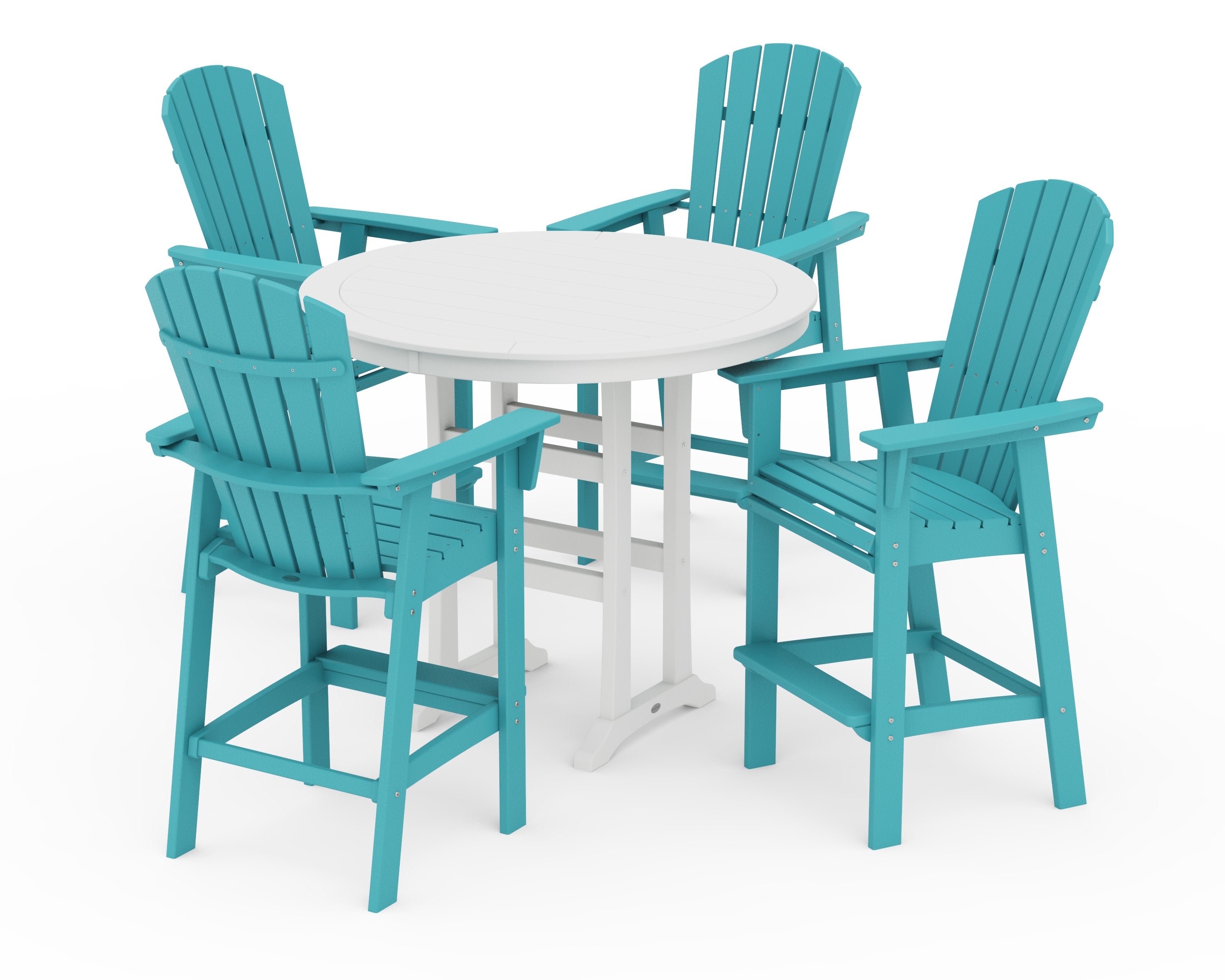 Nautical Curveback Adirondack 5-Piece Round Trestle Bar Set in Aruba / White