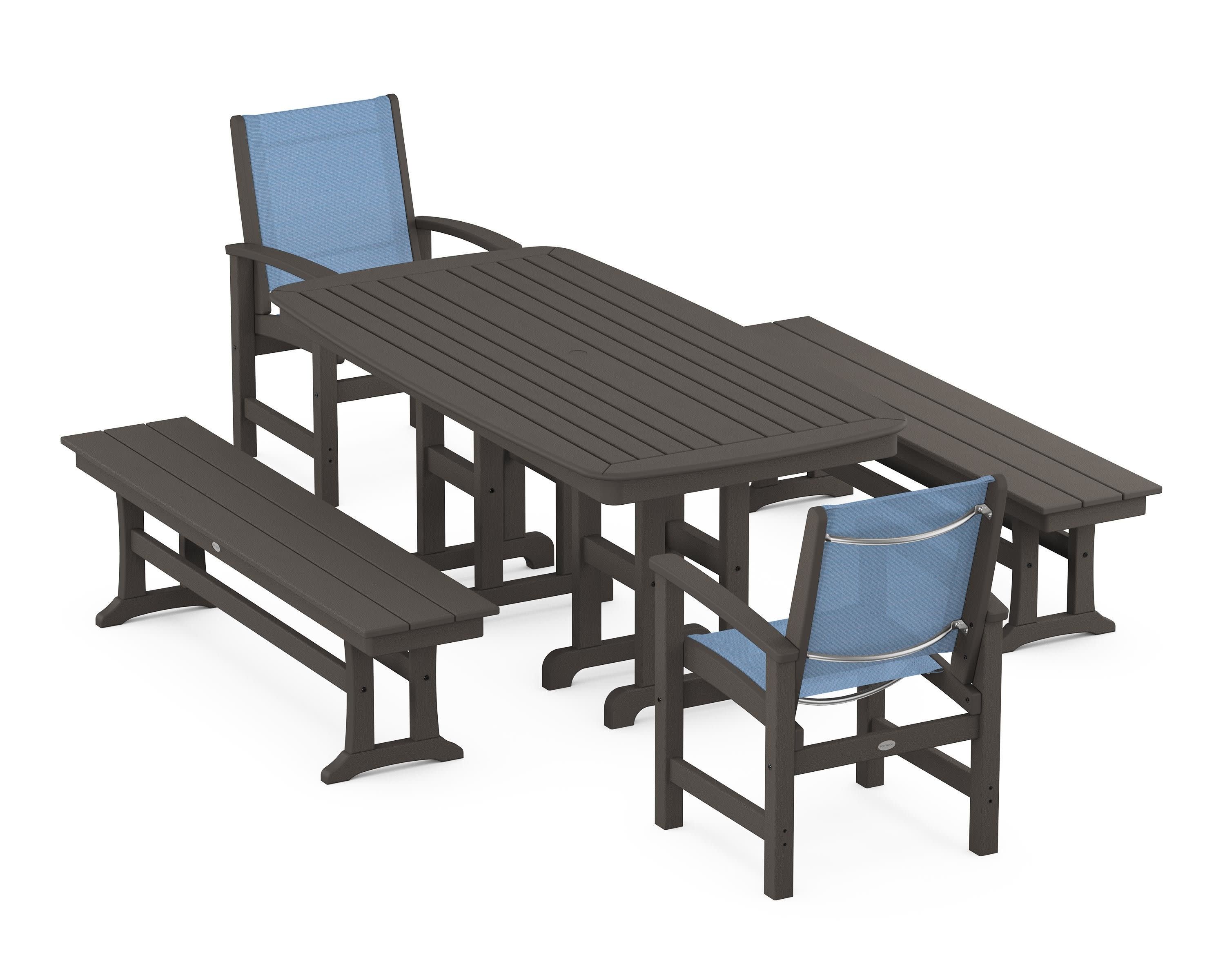 Coastal 5-Piece Dining Set in Vintage Coffee / Poolside Sling