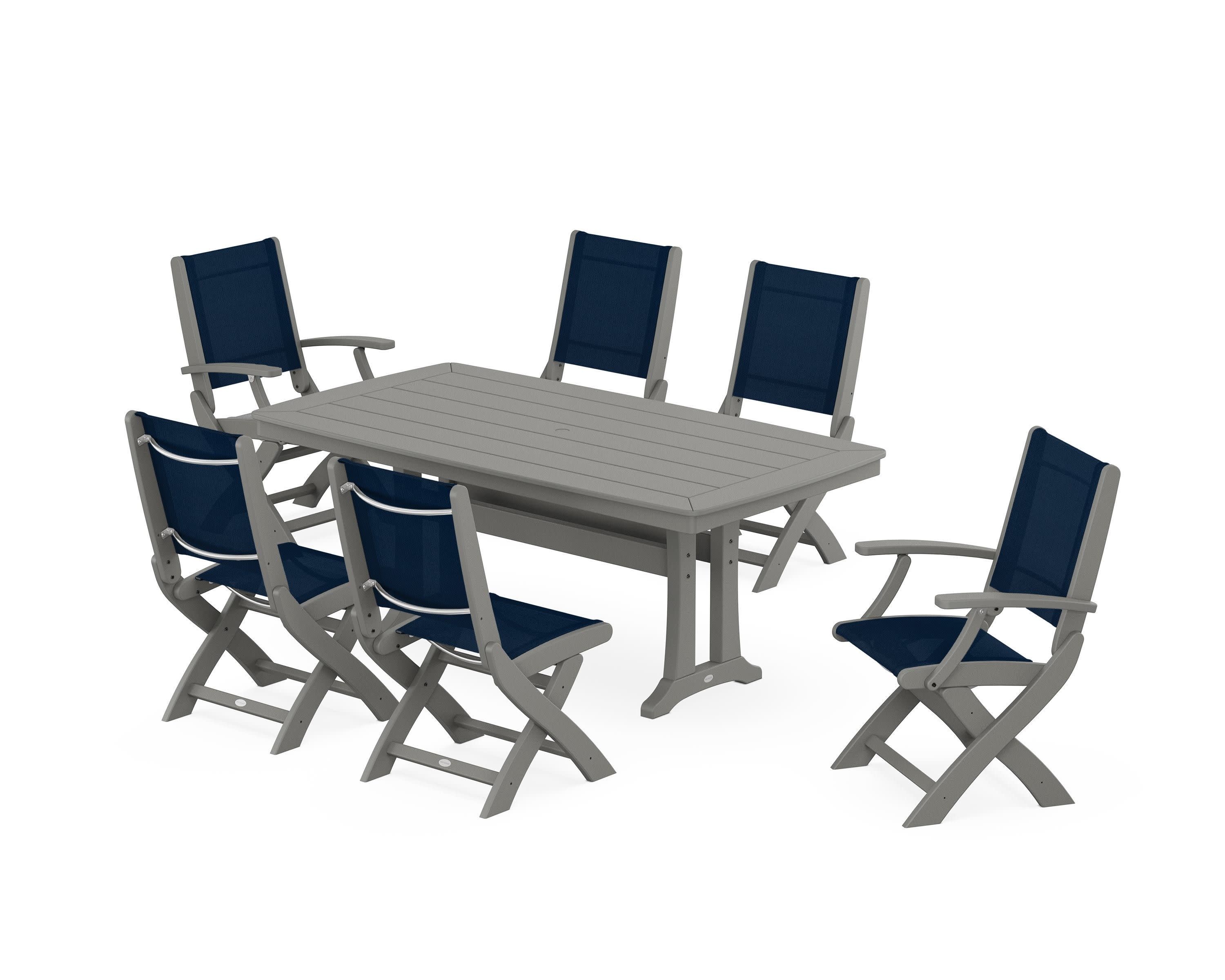 Coastal Folding Chair 7-Piece Dining Set with Trestle Legs in Slate Grey / Navy Blue Sling