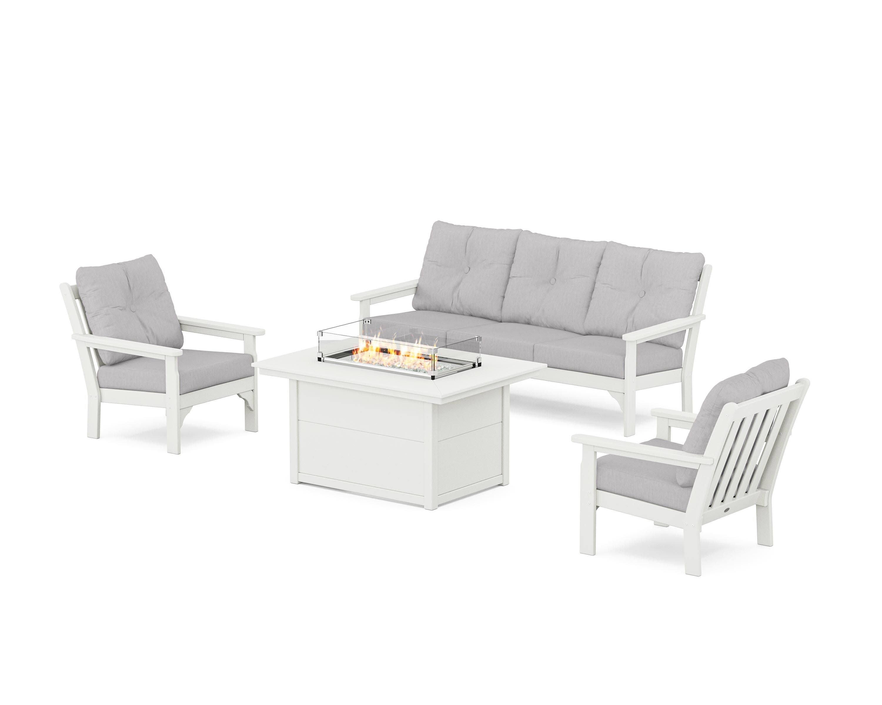 Vineyard Deep Seating Fire Pit Table Set in Vintage White / Granite