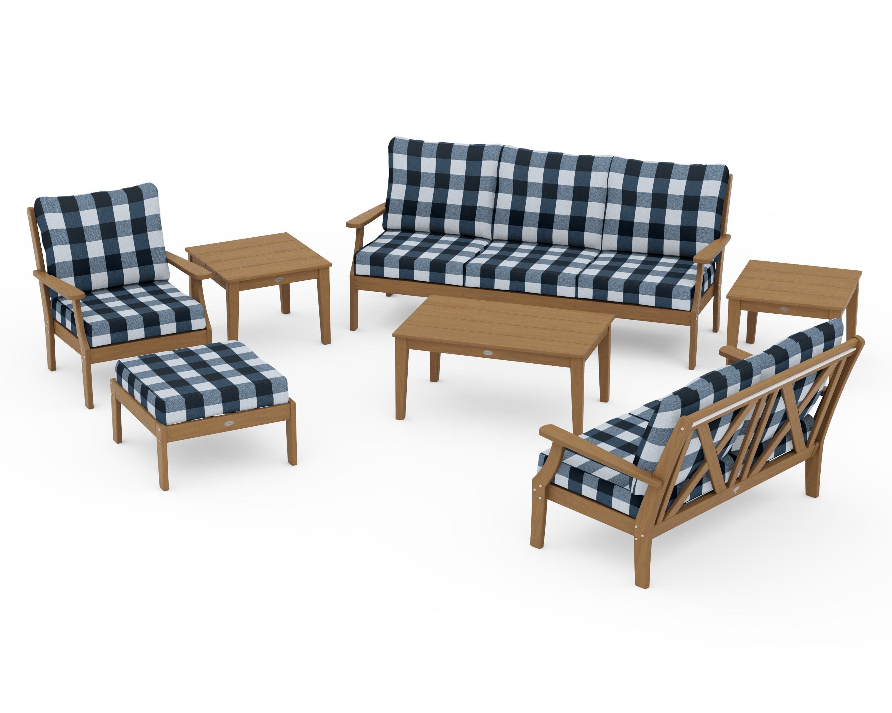 Braxton 7-Piece Deep Seating Set in Natural / Buffalo Plaid Marine Indigo