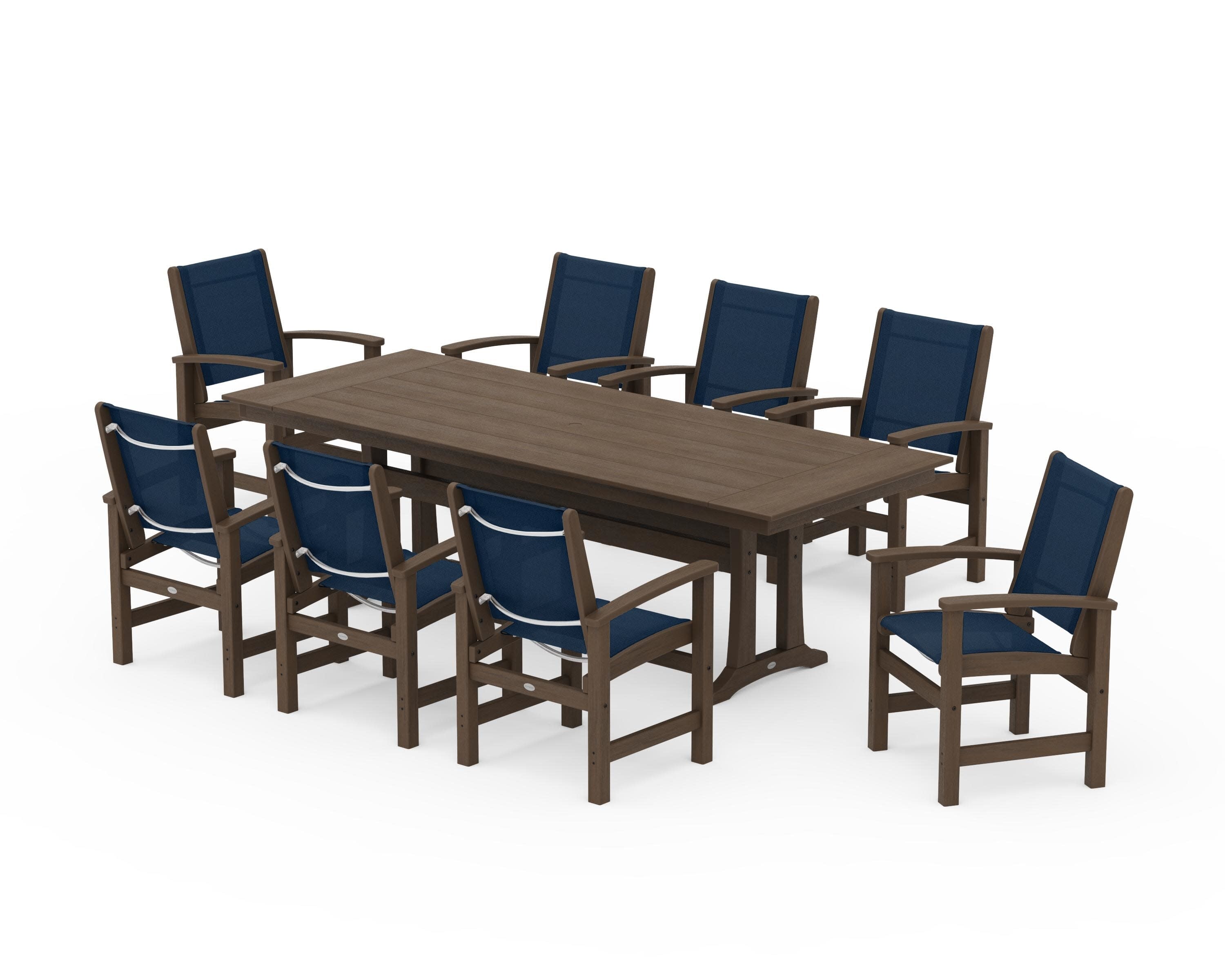Coastal 9-Piece Farmhouse Dining Set with Trestle Legs in Kona / Navy Blue Sling
