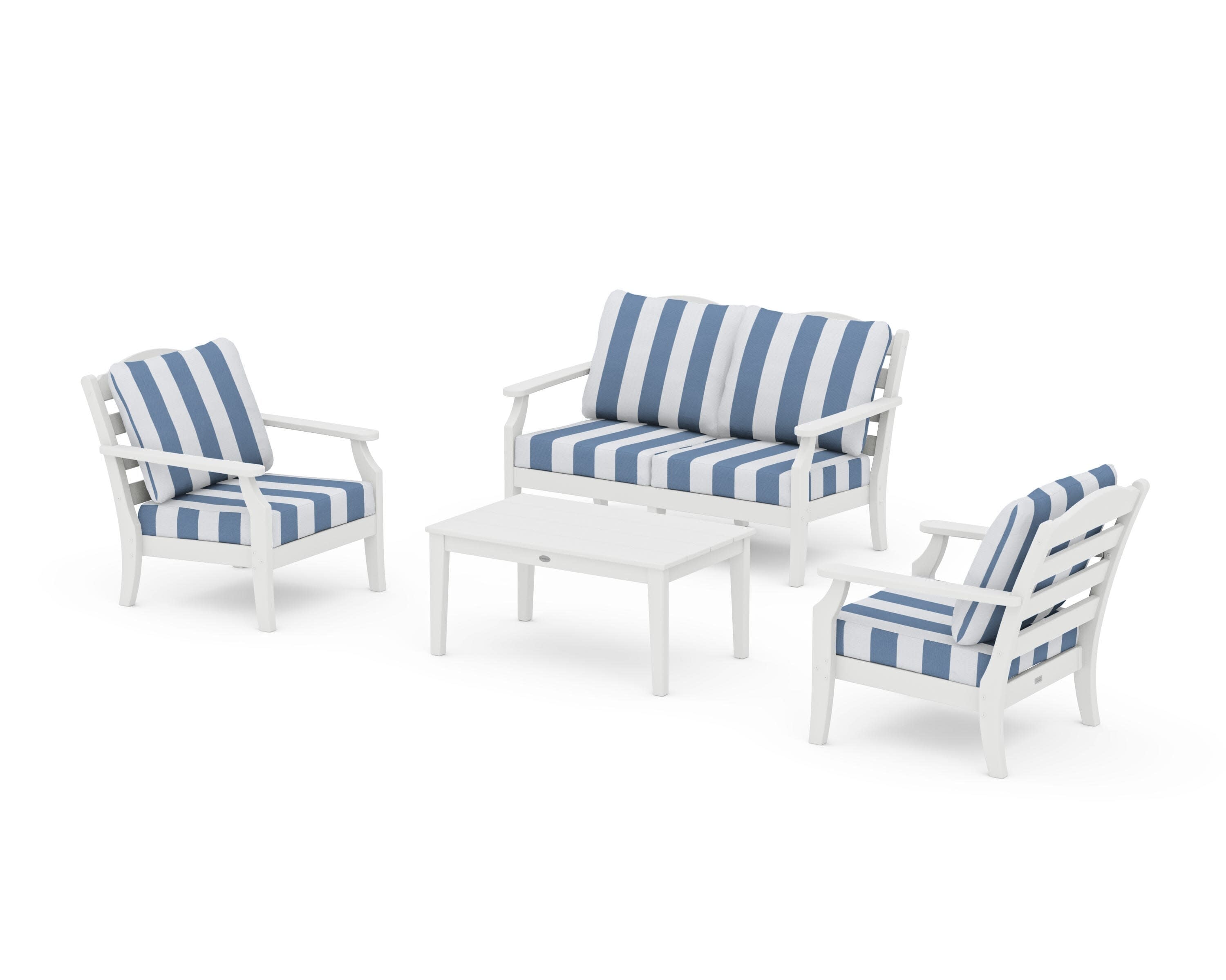 Savannah 4-Piece Deep Seating Set with Loveseat in White / Cabana Stripe Sky Blue