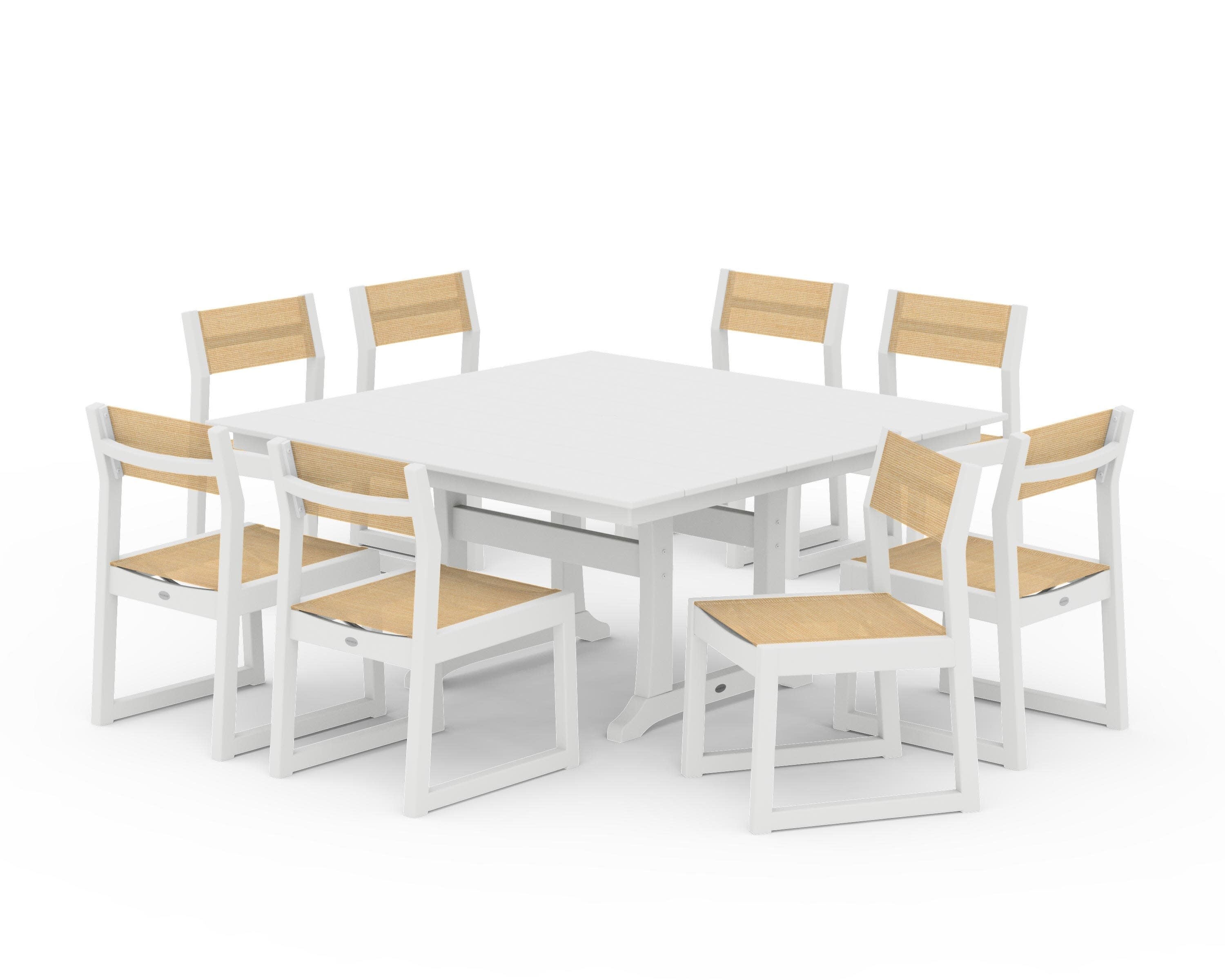 EDGE Sling Side Chair 9-Piece Farmhouse Trestle Dining Set in White / Dupioni Apricot Sling