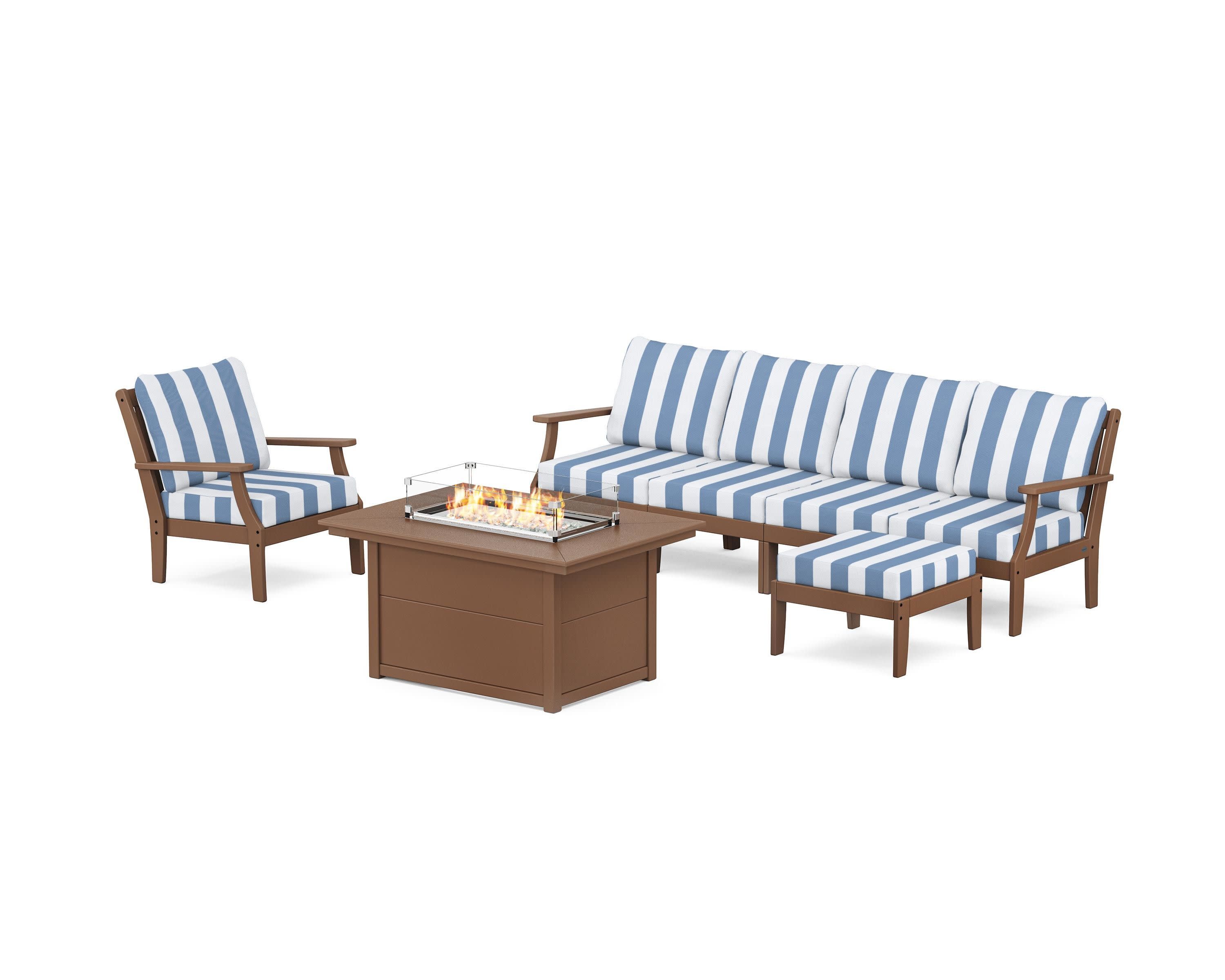 Braxton Sectional Lounge and Fire Pit Set in Teak / Cabana Stripe Sky Blue