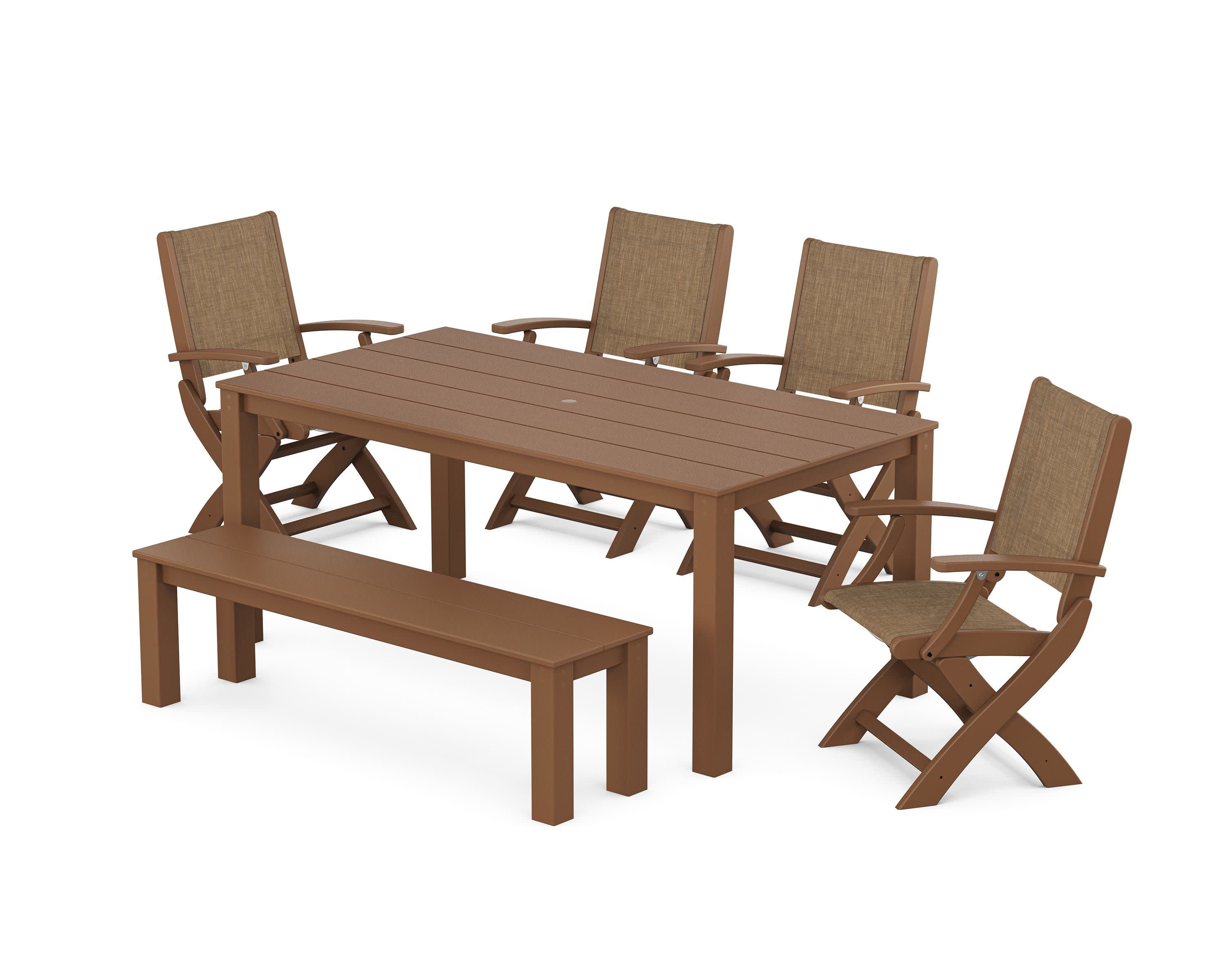 Coastal Folding Chair 6-Piece Parsons Dining Set with Bench in Teak / Burlap Sling