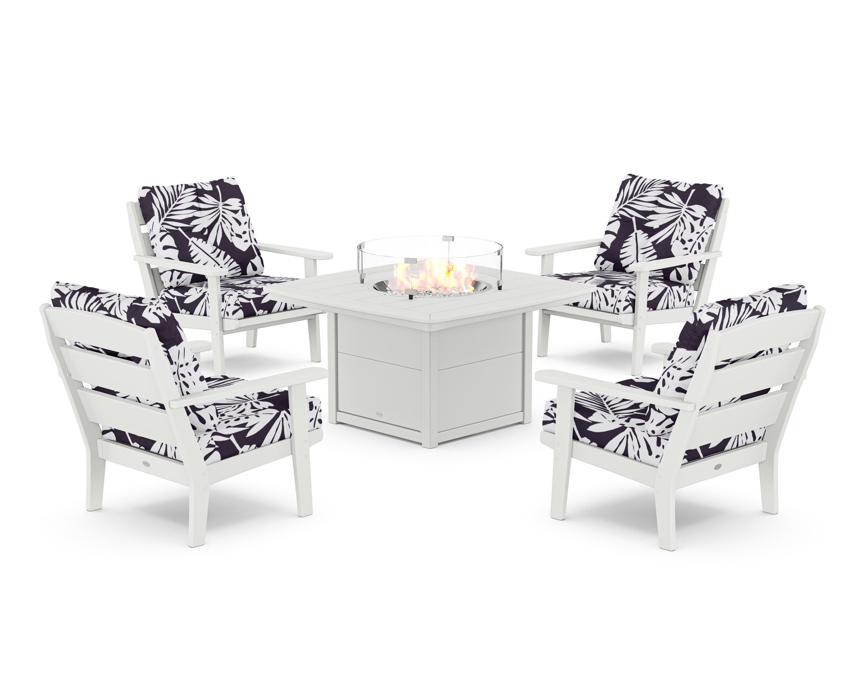 Lakeside 5-Piece Deep Seating Set with Nautical Fire Pit Table in White / Leaf Navy