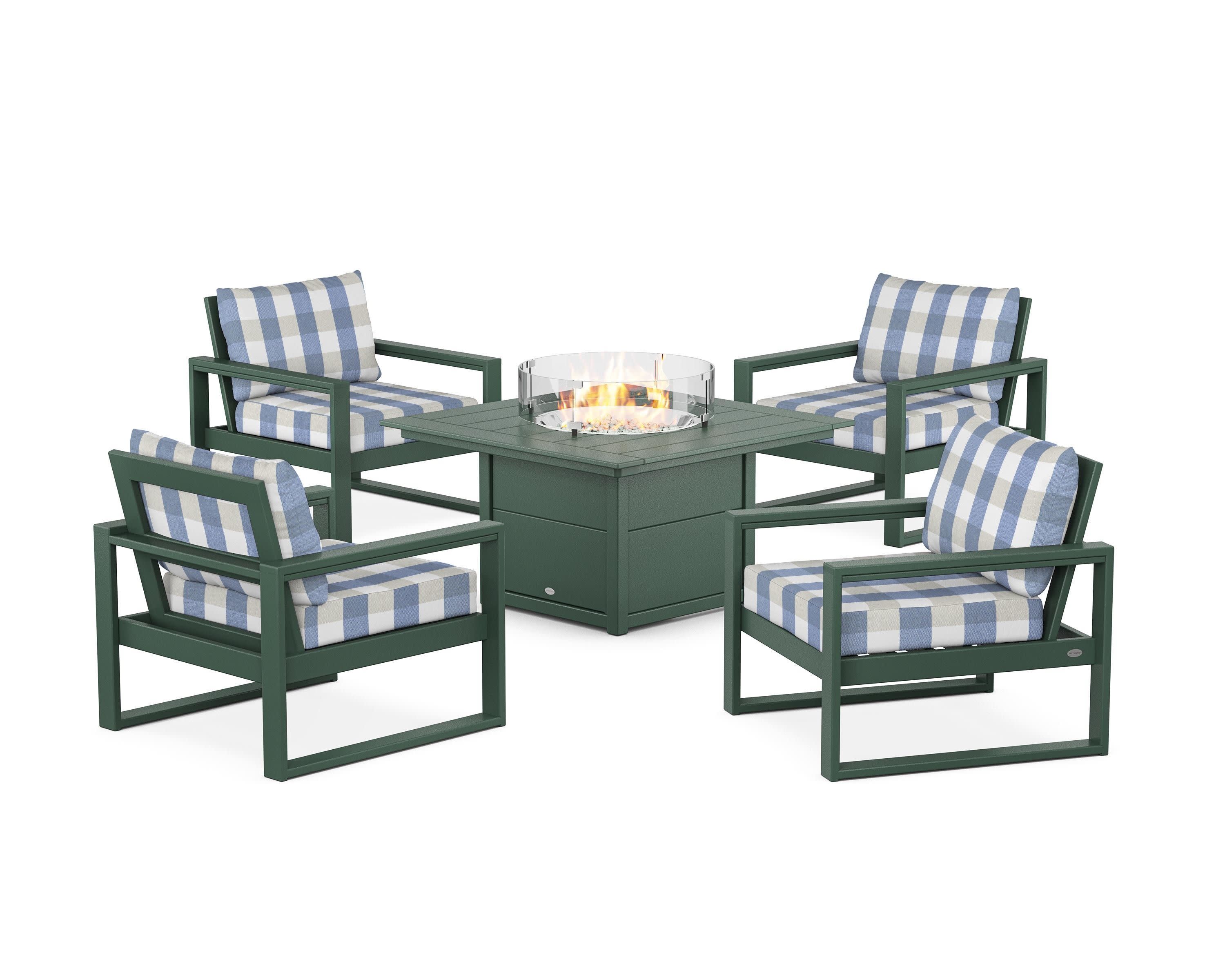 EDGE Sectional 5-Piece Deep Seating Set with Fire Pit Table in Green / Buffalo Plaid Sky Blue