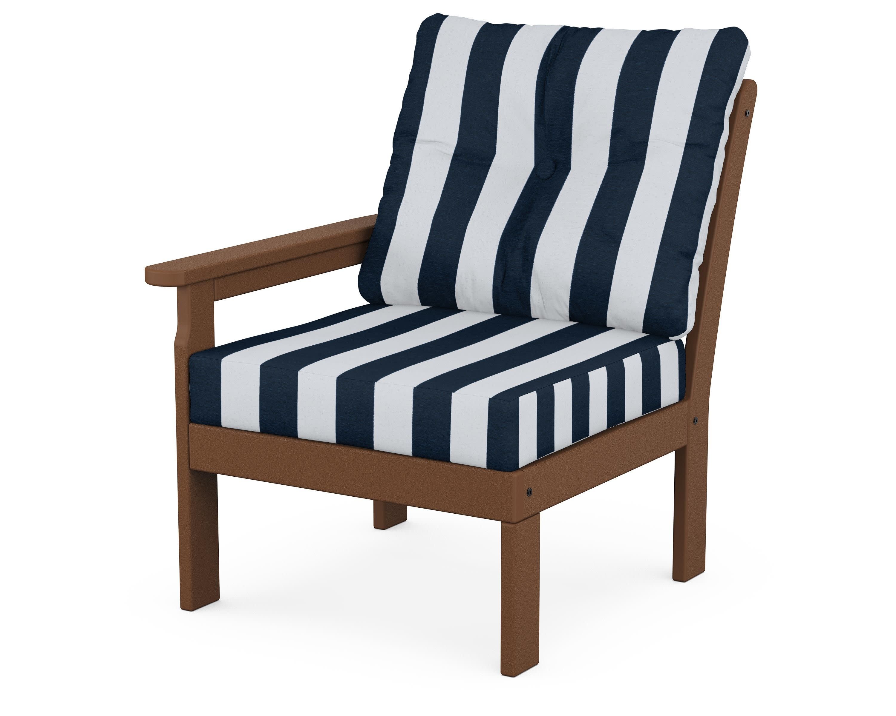 Vineyard Modular Left Arm Chair in Teak / Cabana Stripe Marine Indigo
