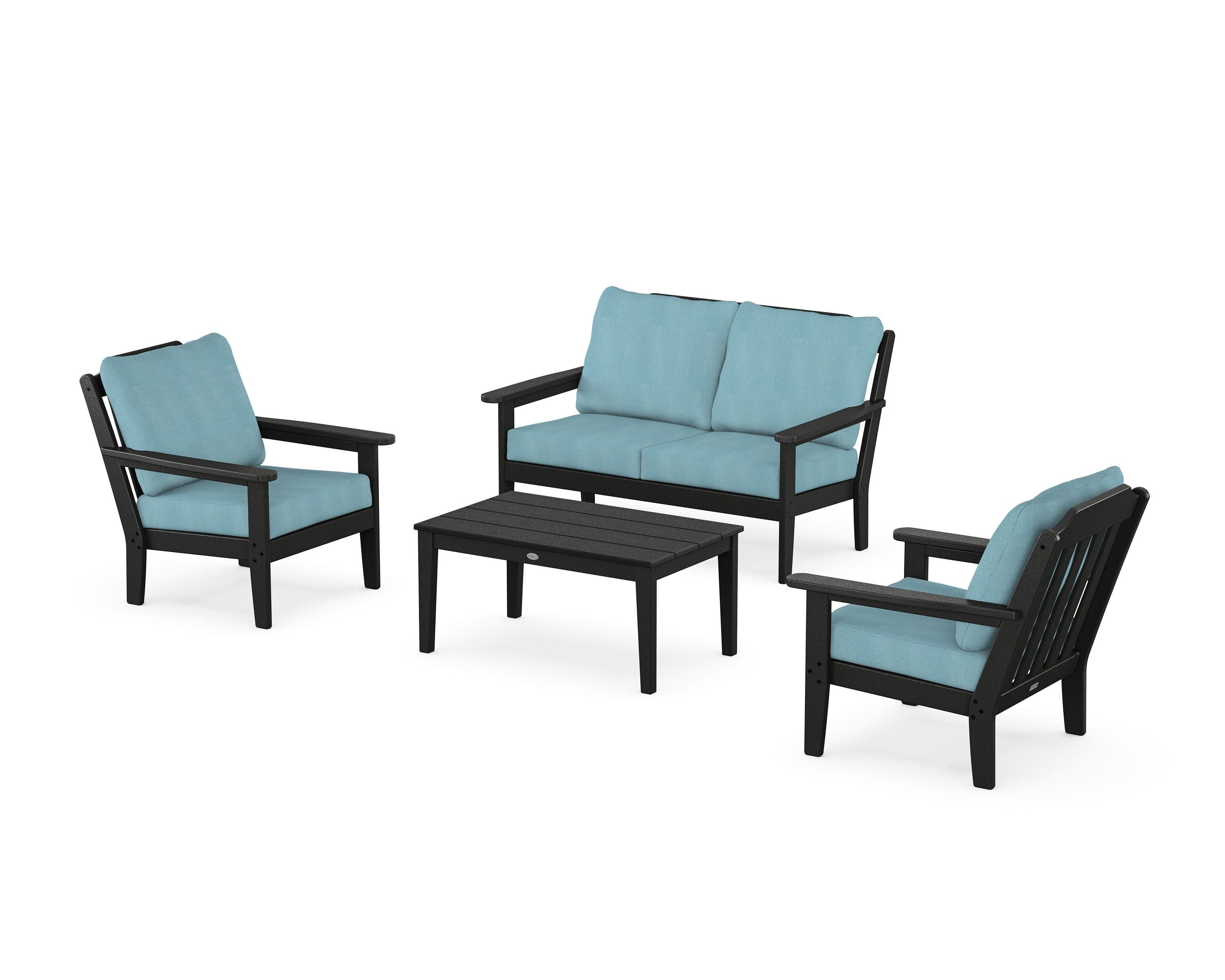 Cottage 4-Piece Deep Seating Set with Loveseat in Black / Lattice Sky Blue