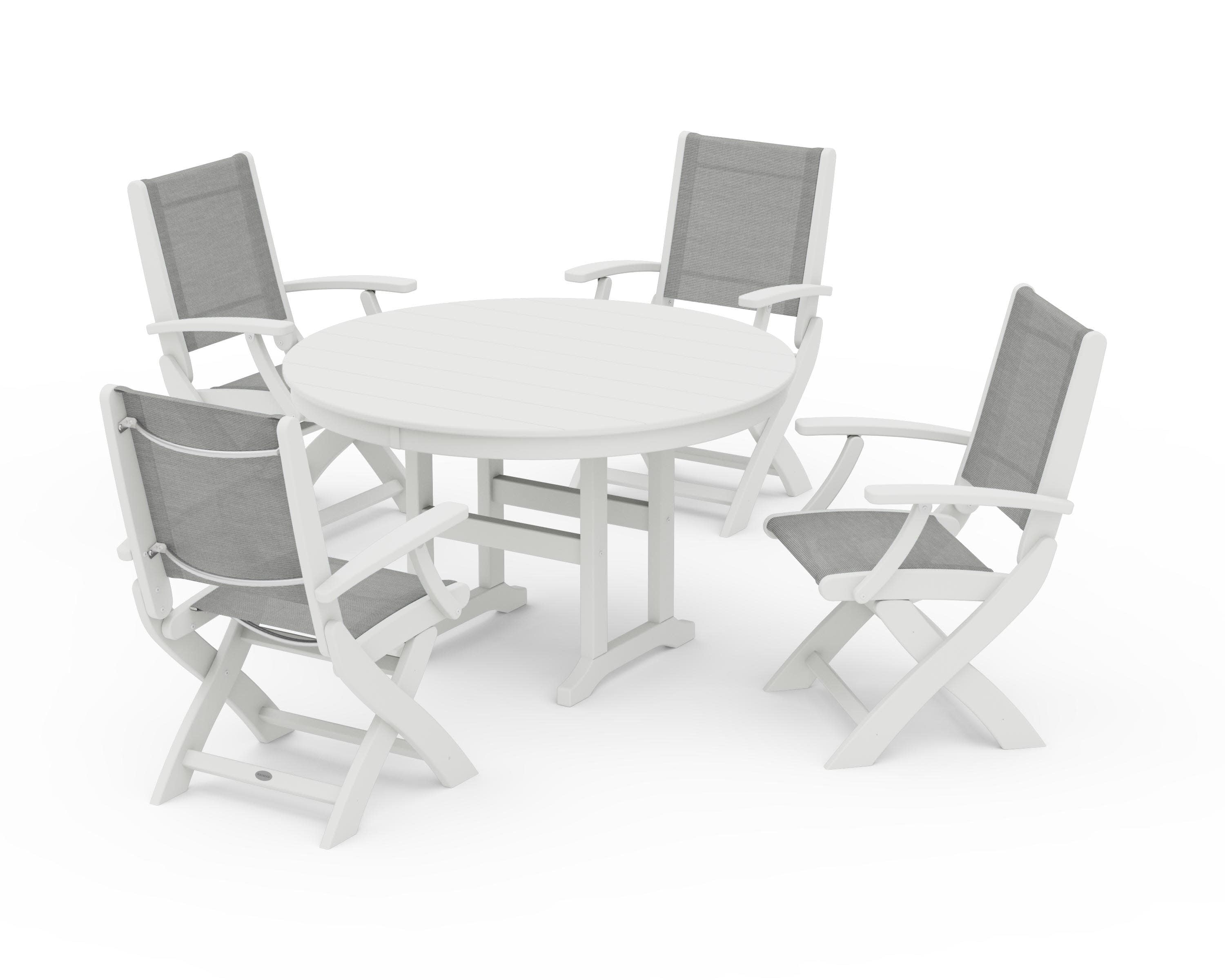 Coastal Folding Chair 5-Piece Round Dining Set in Vintage White / Metallic Sling