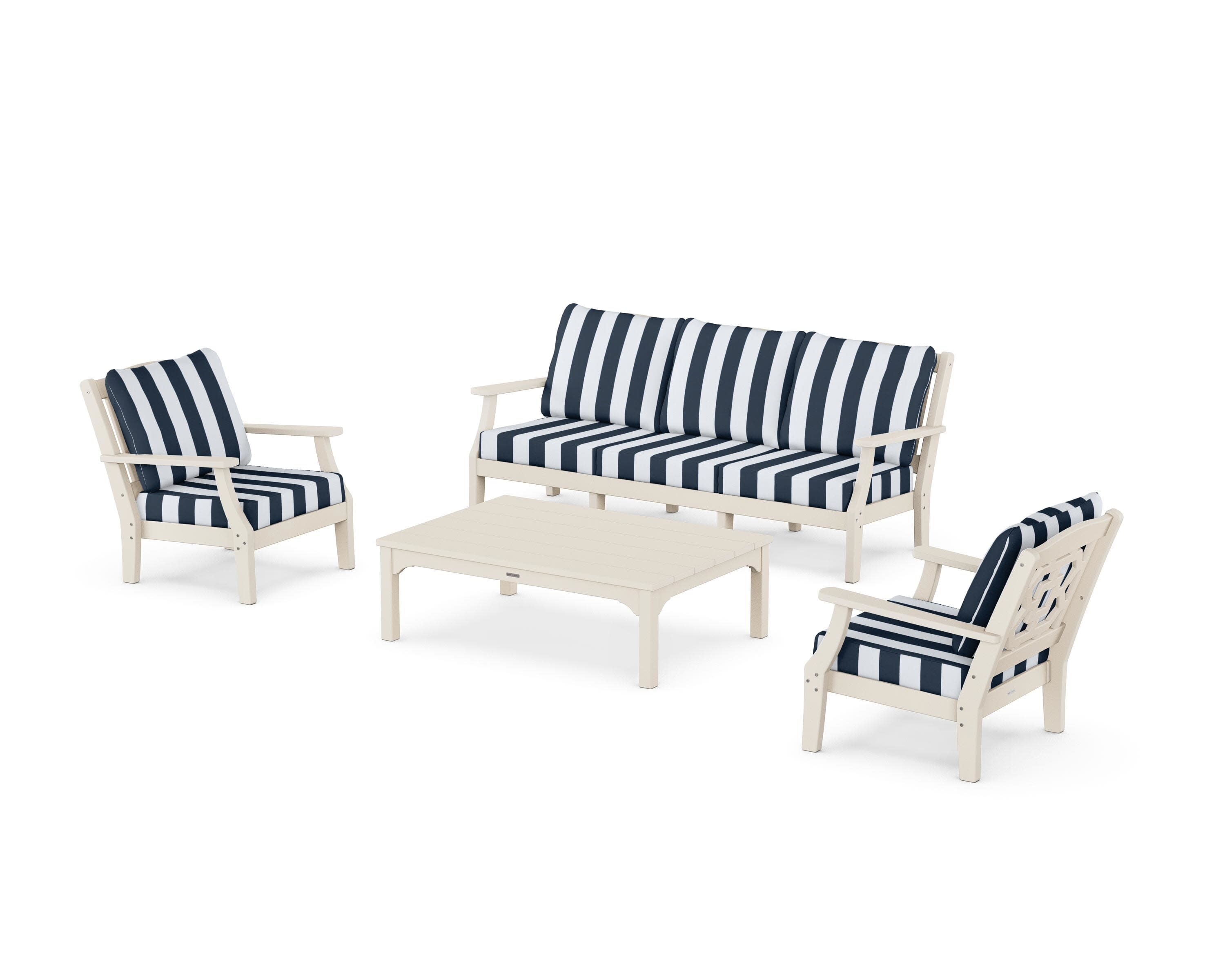 Chinoiserie 4-Piece Deep Seating Set with Sofa in Sand / Cabana Stripe Marine Indigo