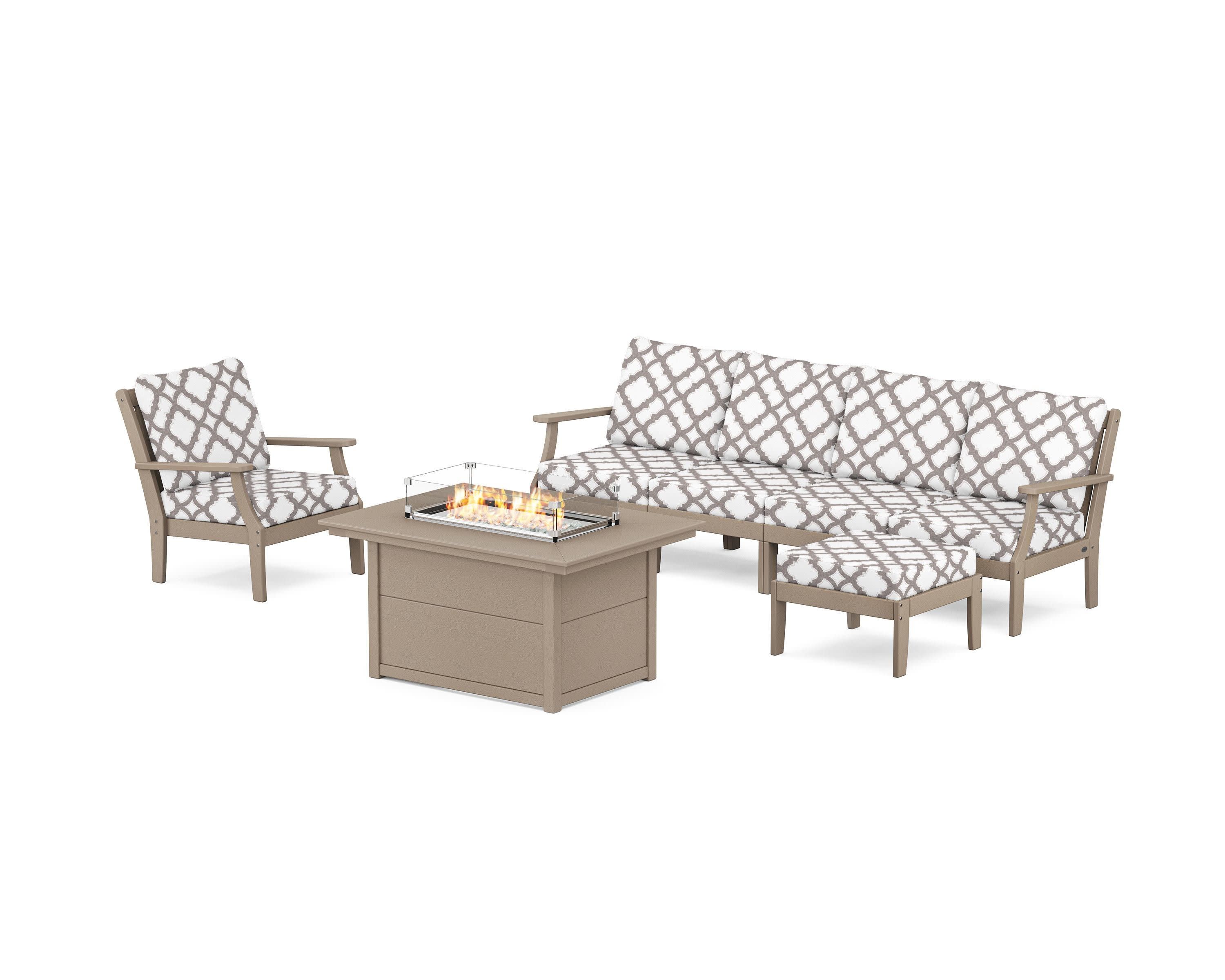Braxton Sectional Lounge and Fire Pit Set in Vintage Sahara / Trellis Grey Mist