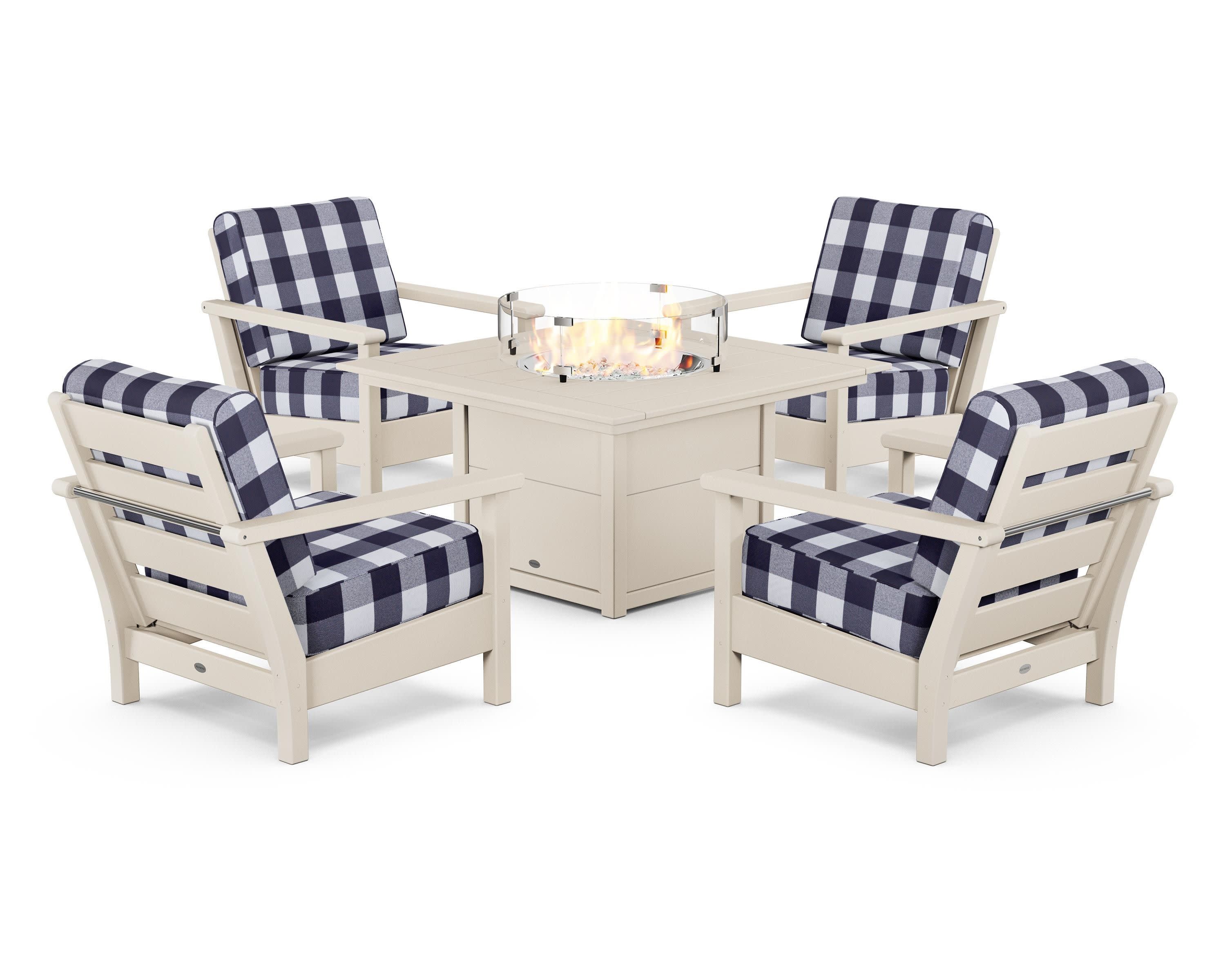 Harbour 5-Piece Conversation Set with Fire Pit Table in Sand / Buffalo Plaid Navy
