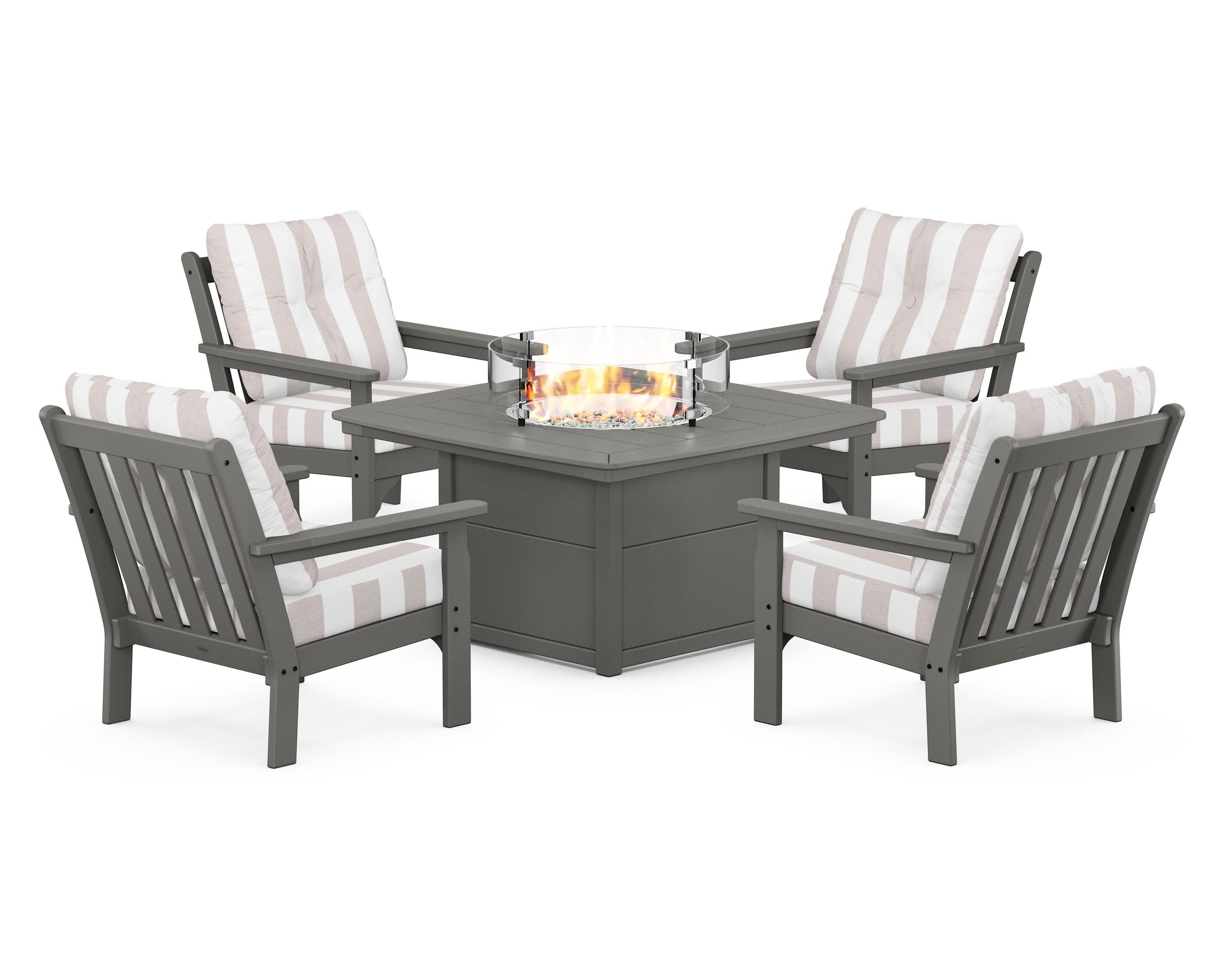 Vineyard 5-Piece Conversation Set with Fire Pit Table in Slate Grey / Cabana Stripe Dune Burlap