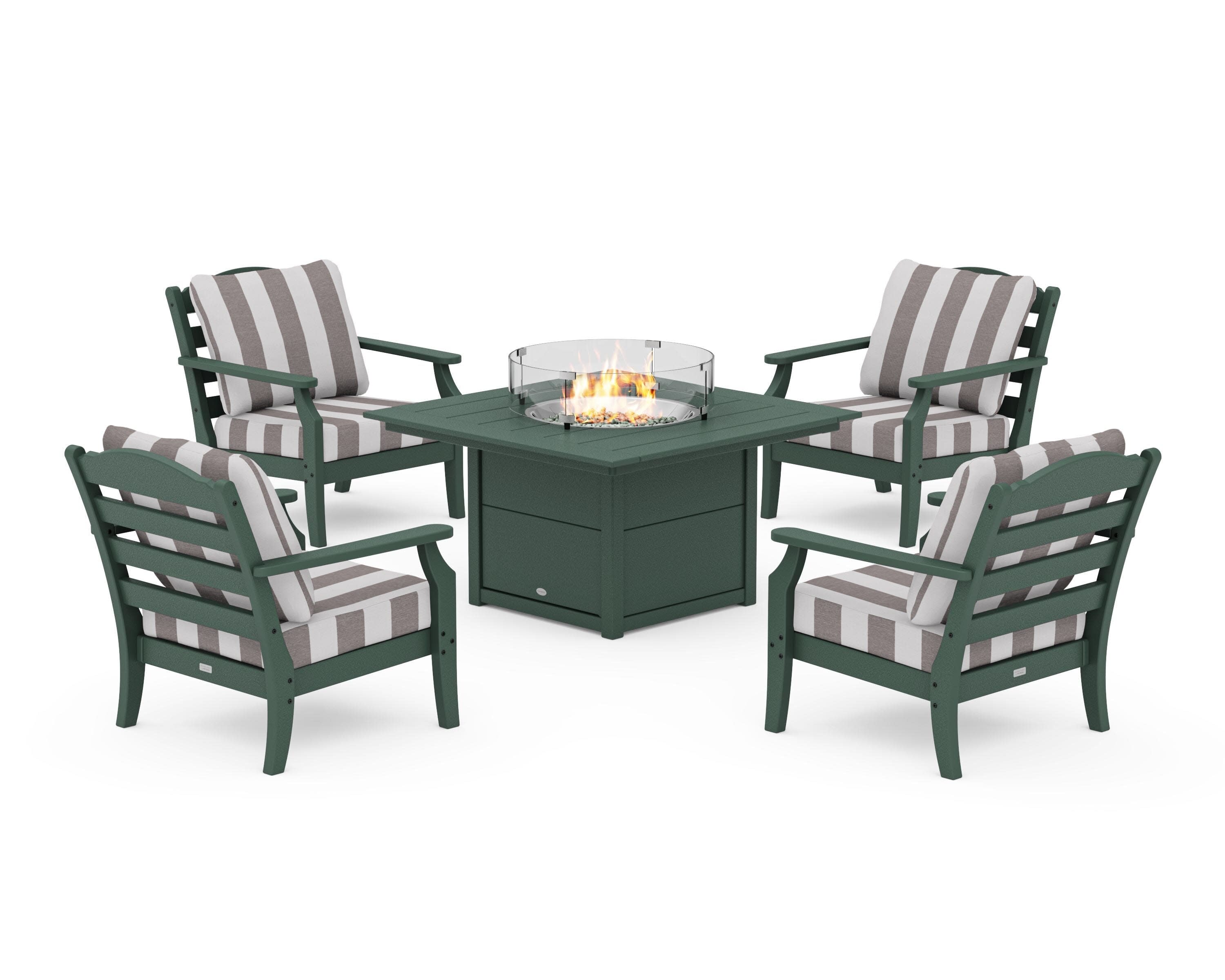 Savannah 5-Piece Deep Seating Set with Fire Pit Table in Green / Cabana Stripe Grey Mist