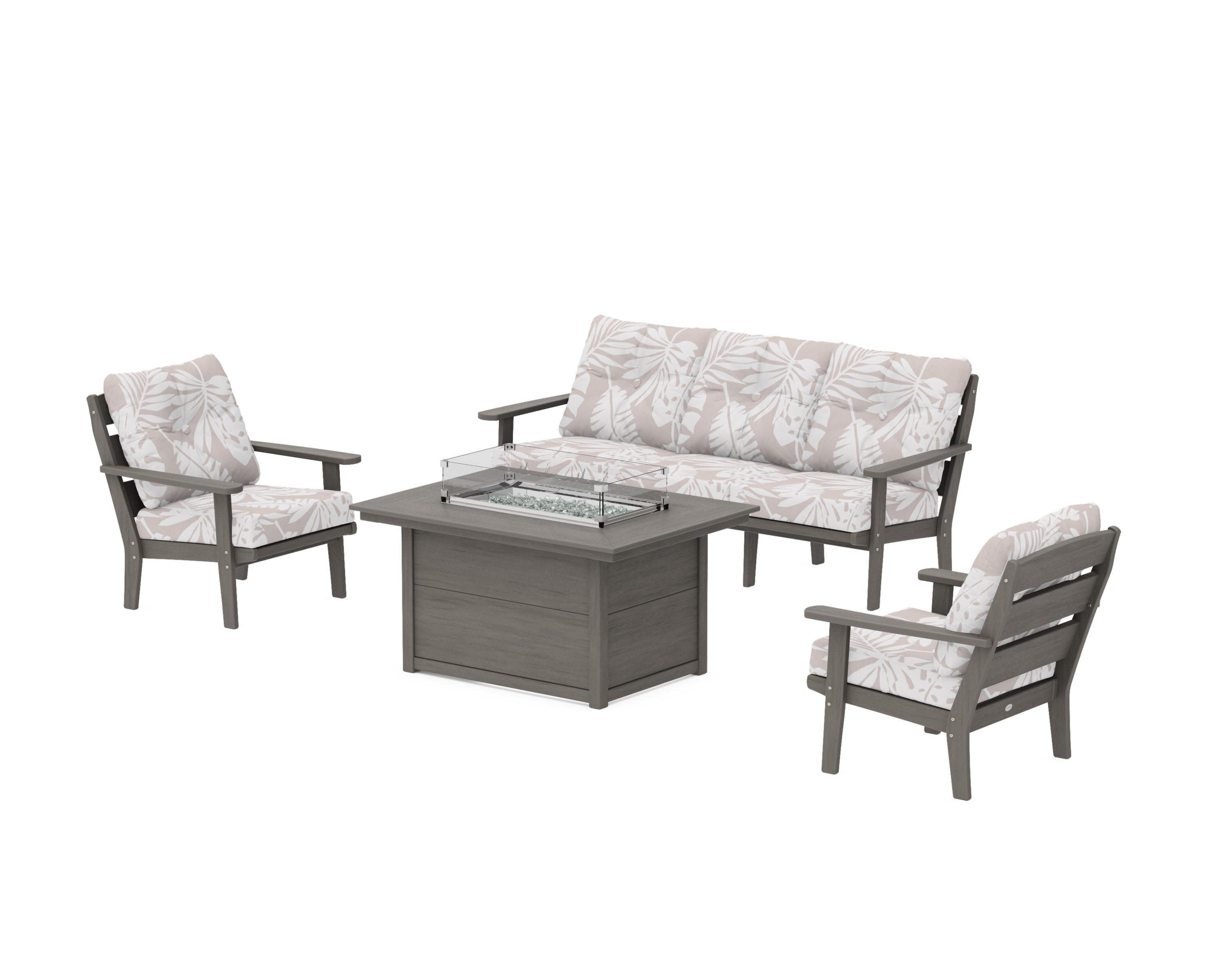 Lakeside Deep Seating Fire Pit Table Set in Driftwood / Leaf Dune Burlap