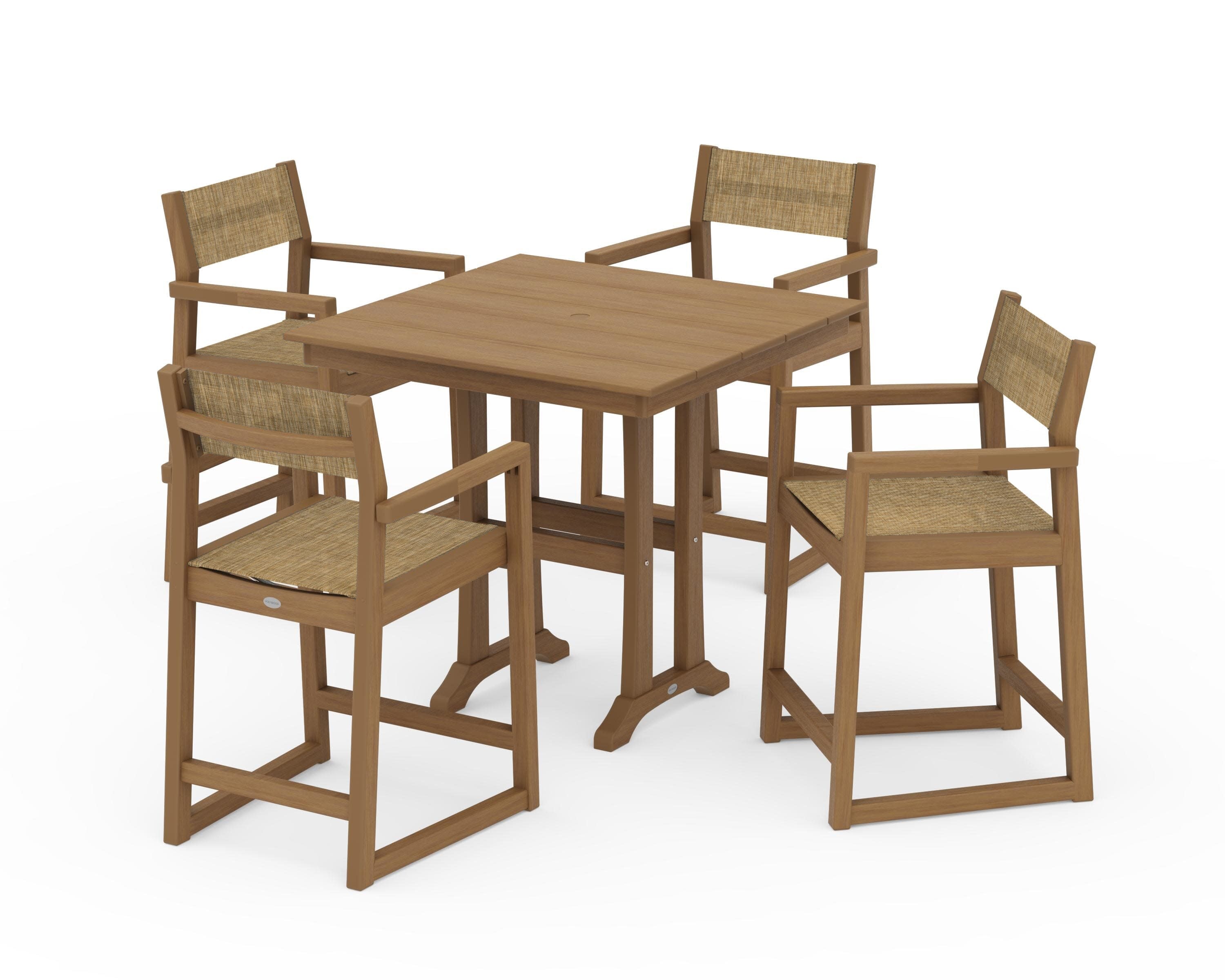 EDGE Sling Arm Chair 5-Piece Farmhouse Counter Set with Trestle Legs in Natural / Burlap Sling
