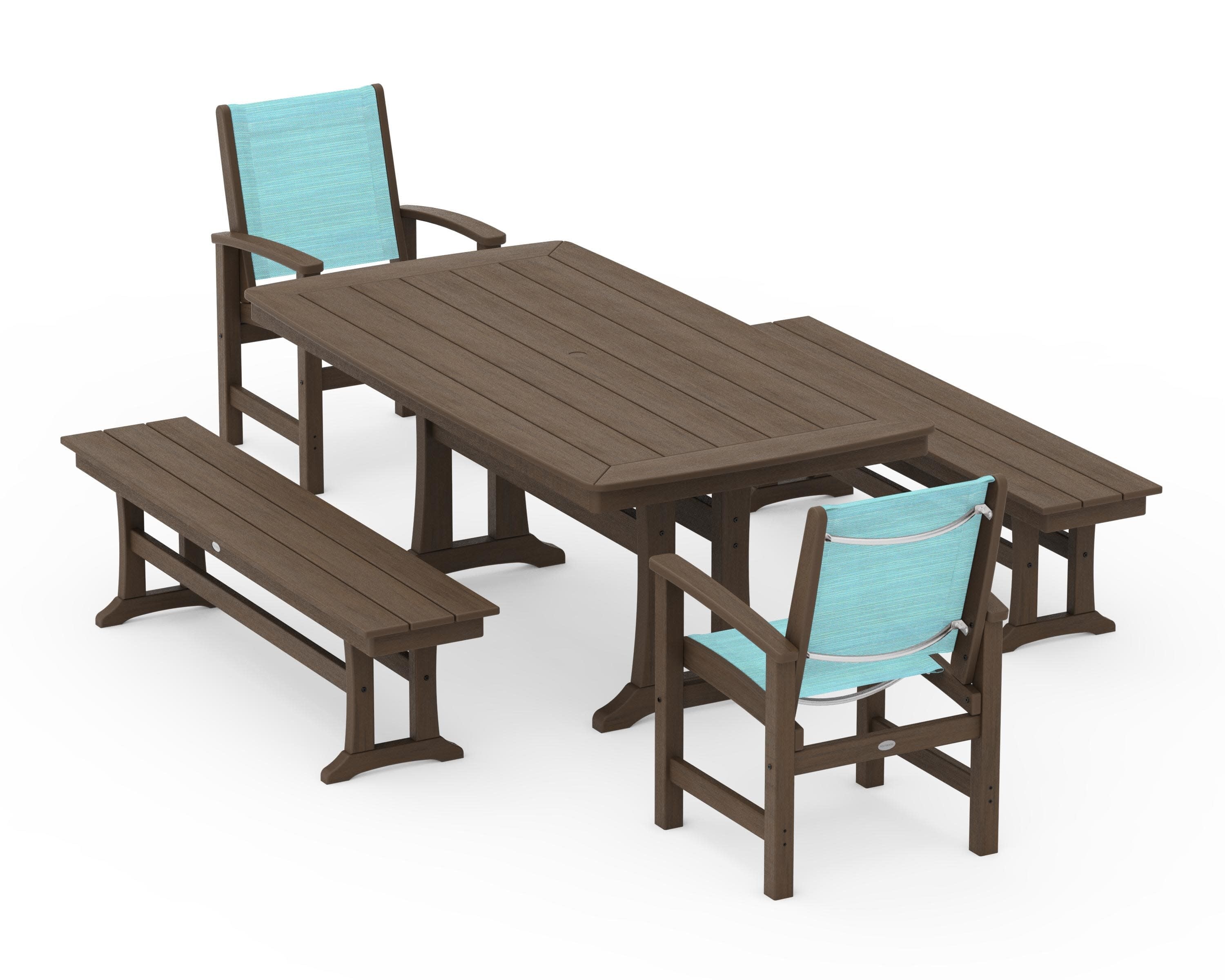 Coastal 5-Piece Dining Set with Trestle Legs and Benches in Kona / Dupioni Aquamarine Sling
