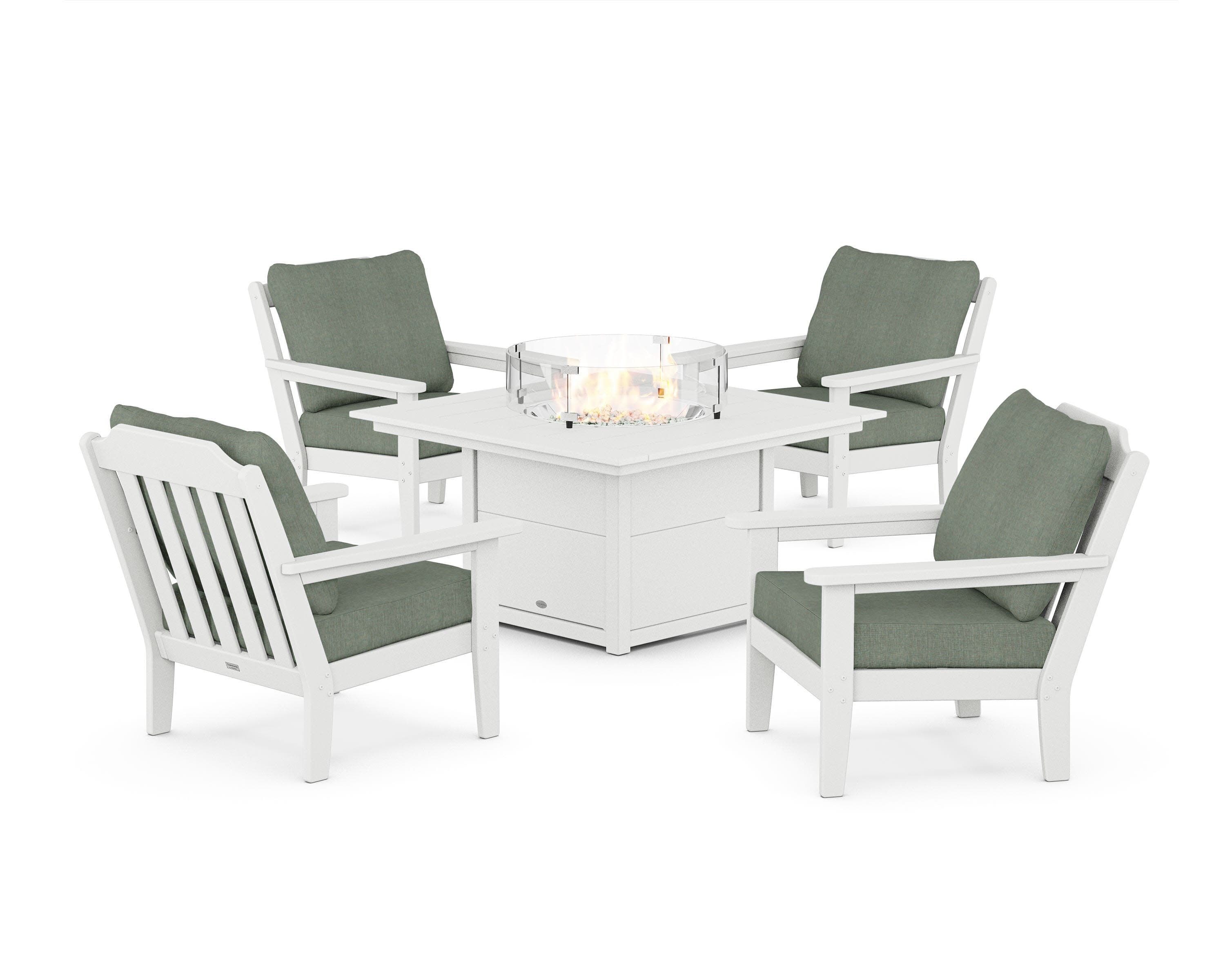 Cottage 5-Piece Deep Seating Set with Fire Pit Table in White / Cast Sage