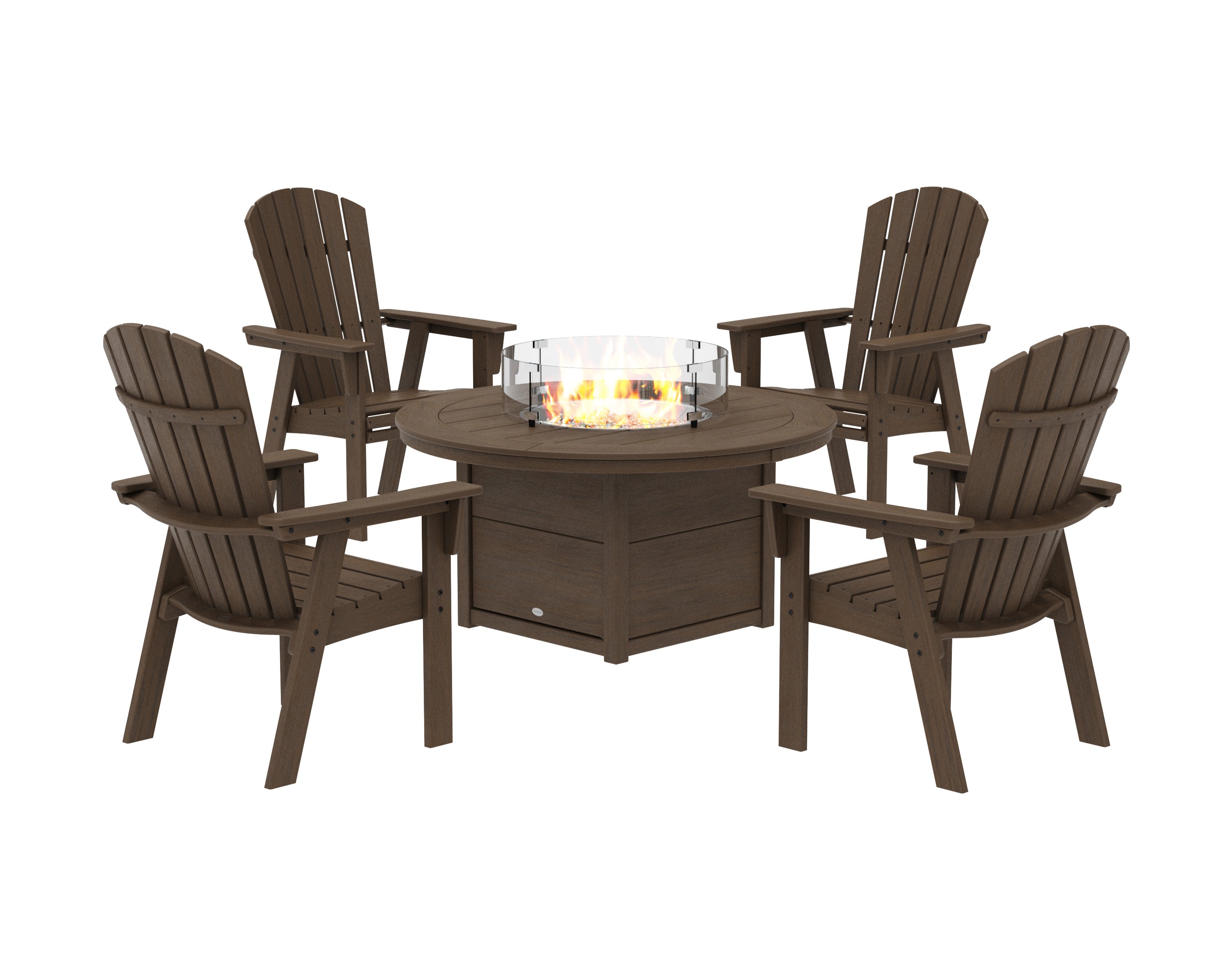 Nautical 4-Piece Curveback Upright Adirondack Conversation Set with Fire Pit Table in Kona