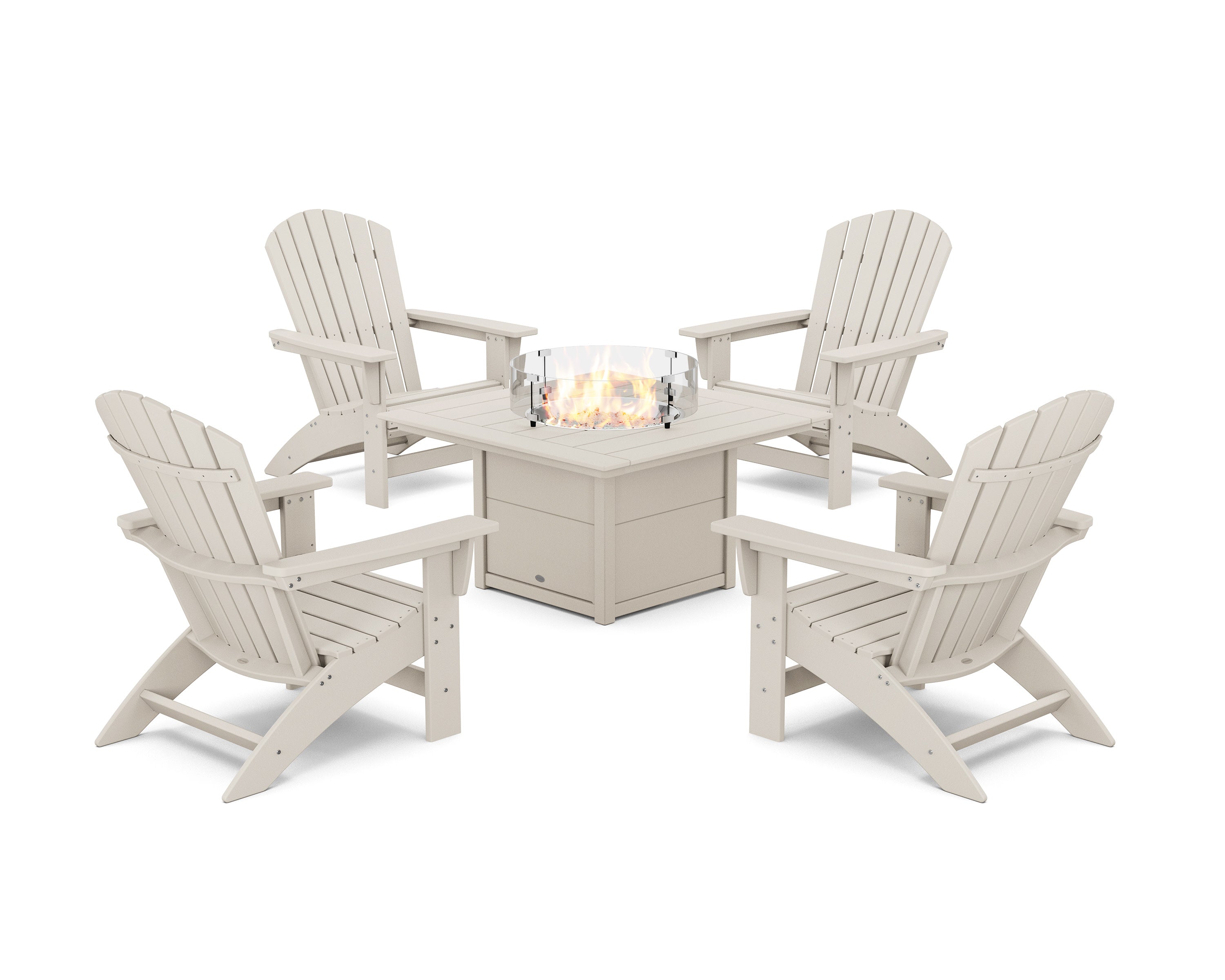 5-Piece Nautical Grand Adirondack Conversation Set with Fire Pit Table in Sand