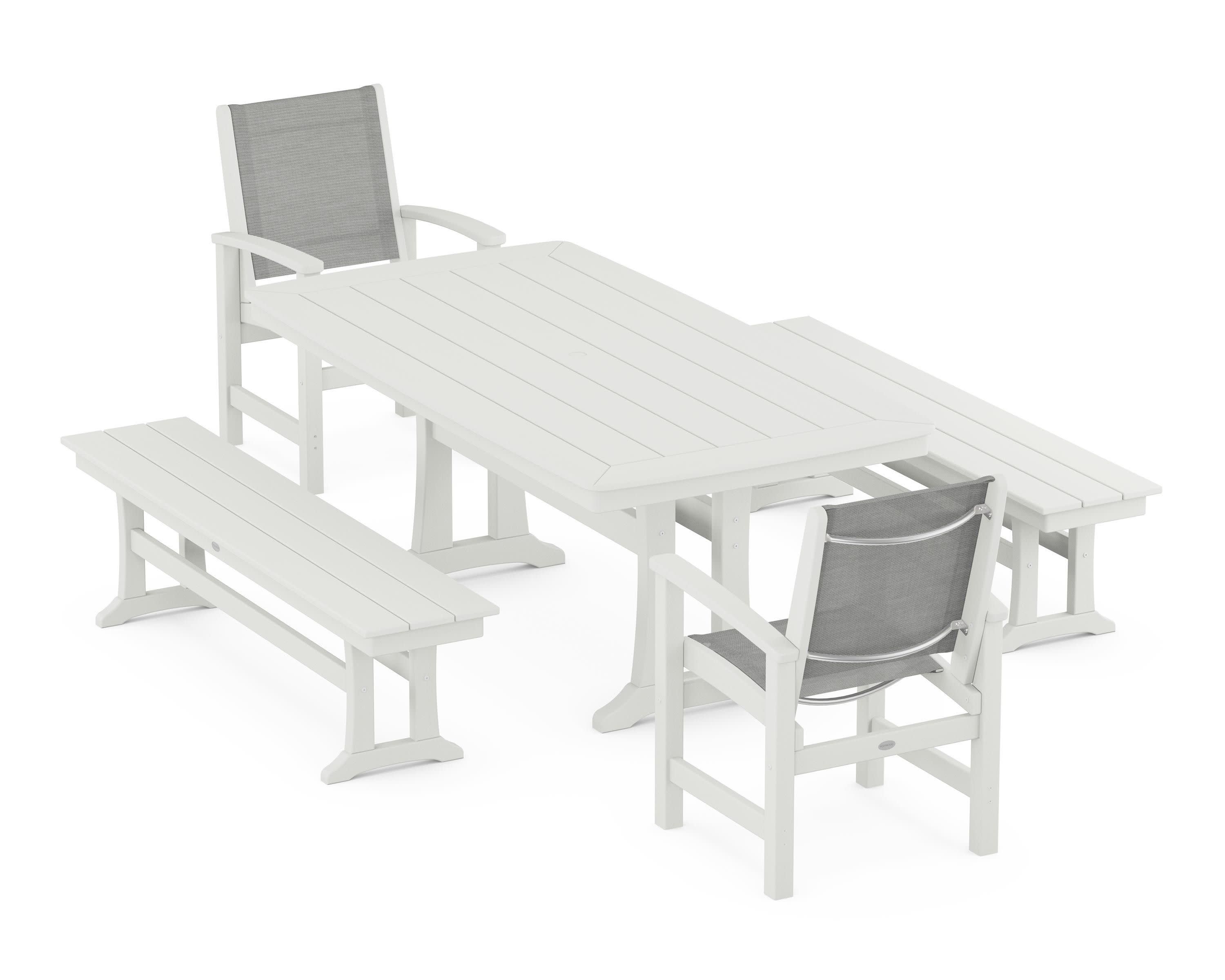Coastal 5-Piece Dining Set with Trestle Legs and Benches in Vintage White / Metallic Sling