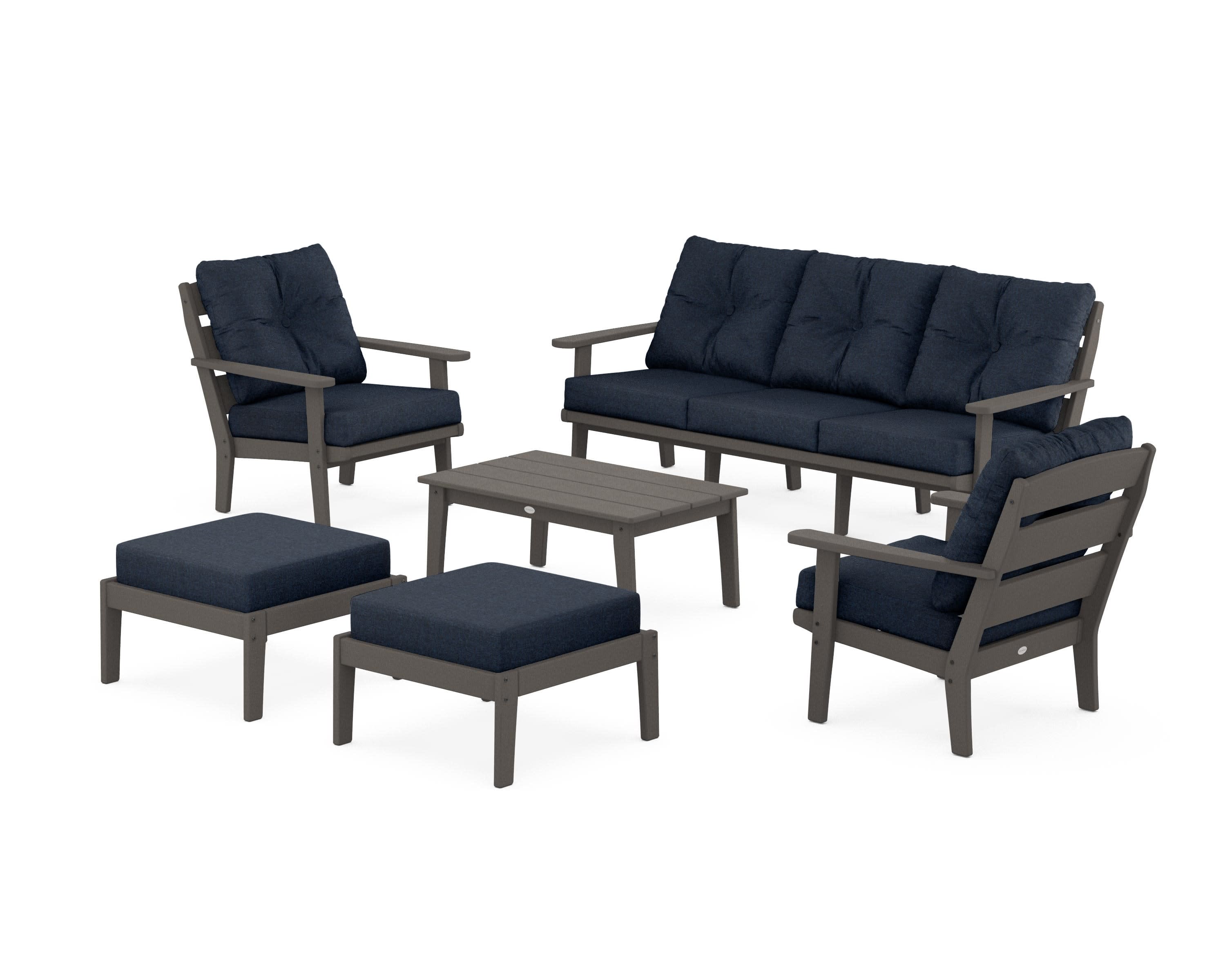 Lakeside 6-Piece Lounge Sofa Set in Vintage Coffee / Marine Indigo
