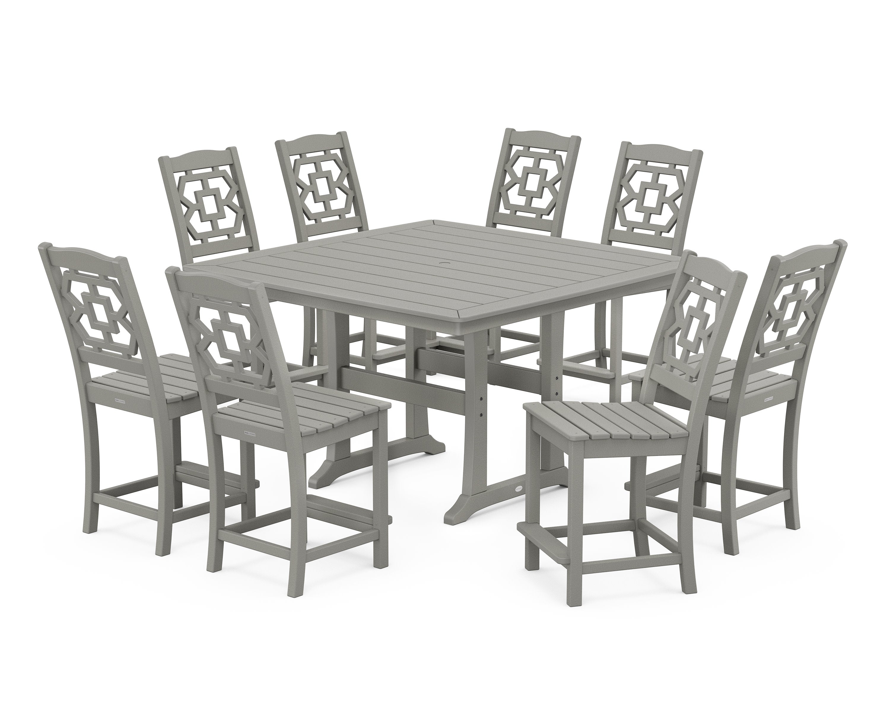 Chinoiserie 9-Piece Square Side Chair Counter Set with Trestle Legs in Slate Grey