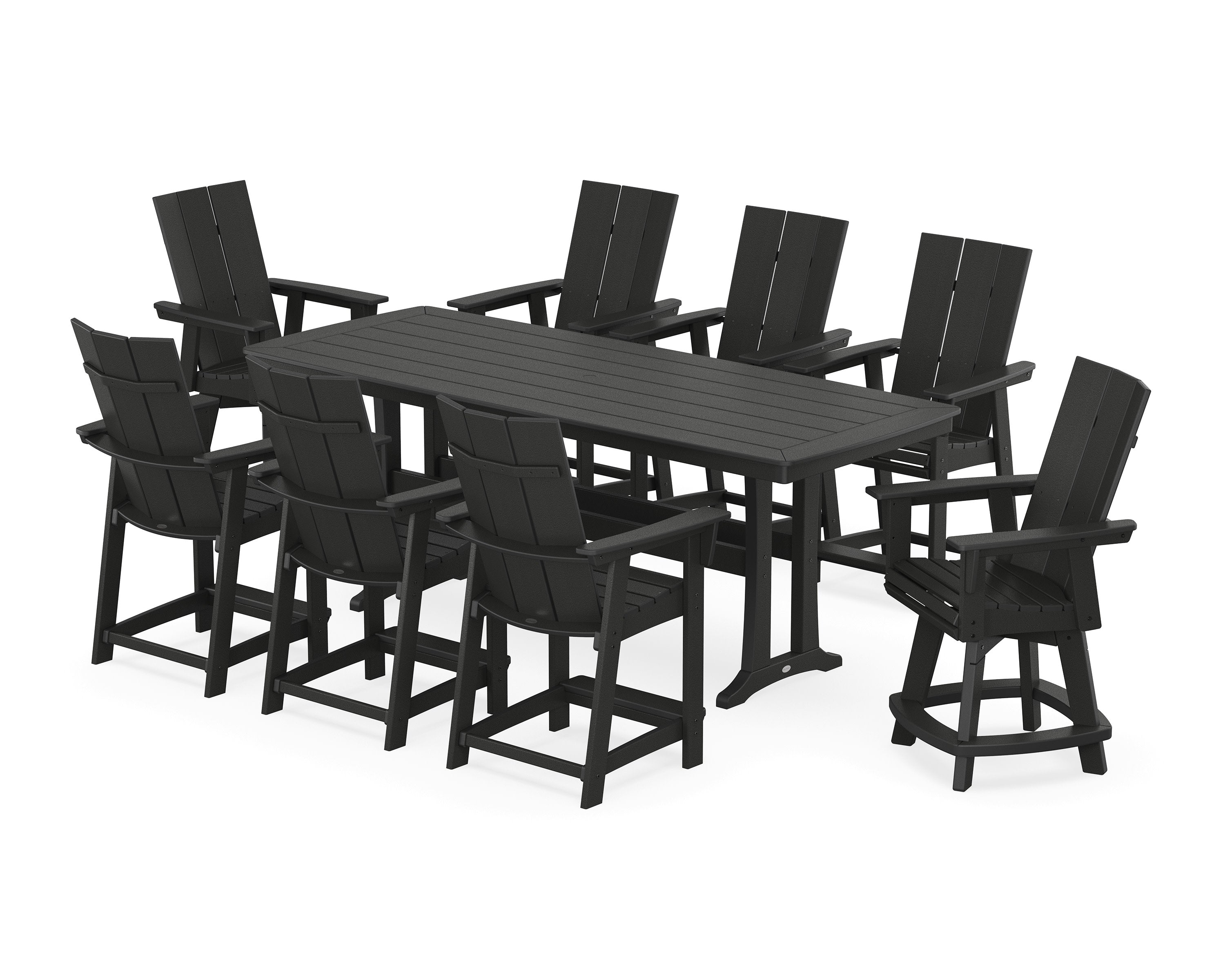 Modern Curveback Adirondack Swivel 9-Piece Counter Set with Trestle Legs in Black