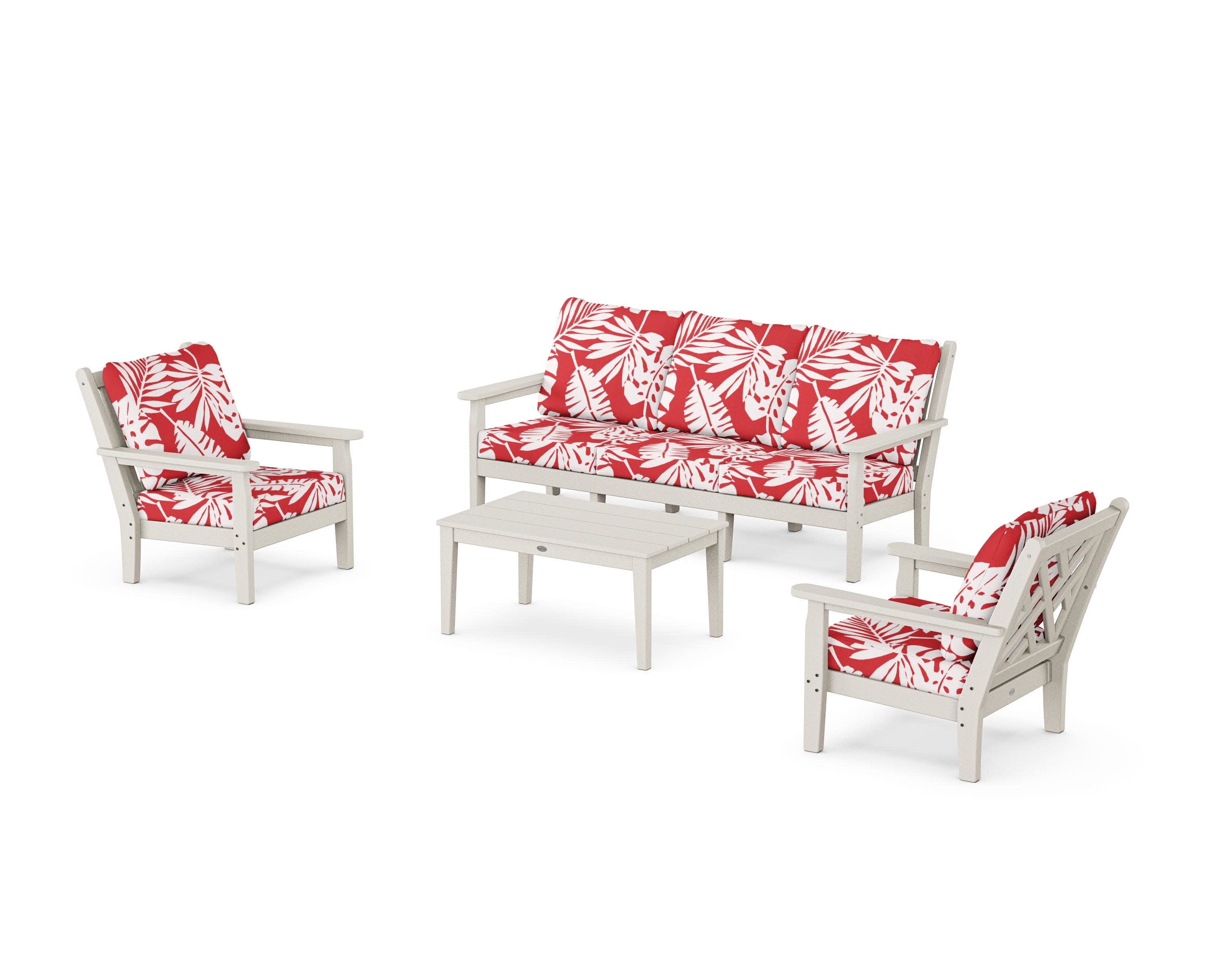 Chippendale 4-Piece Deep Seating Set with Sofa in Sand / Leaf Crimson