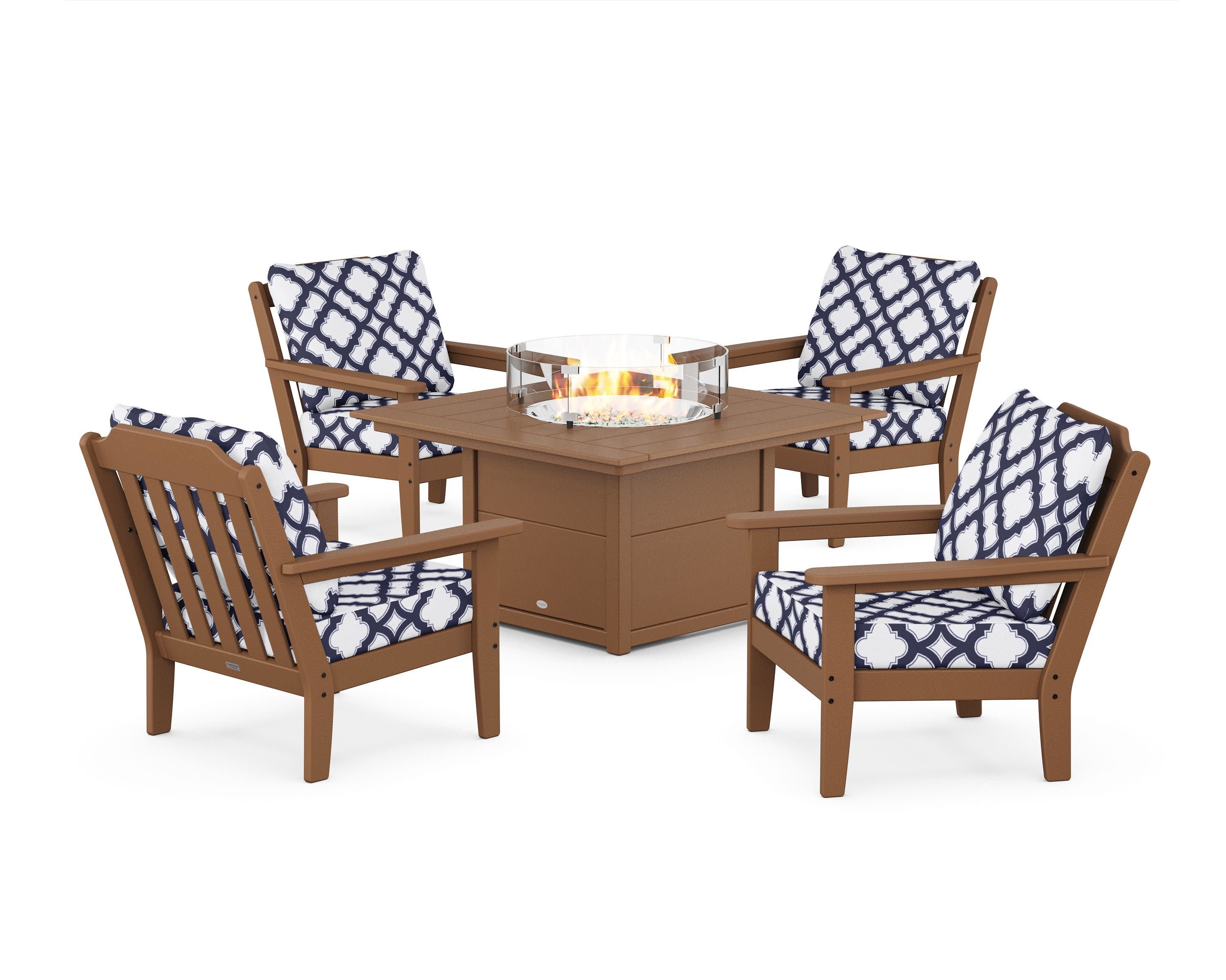 Cottage 5-Piece Deep Seating Set with Fire Pit Table in Teak / Trellis Navy