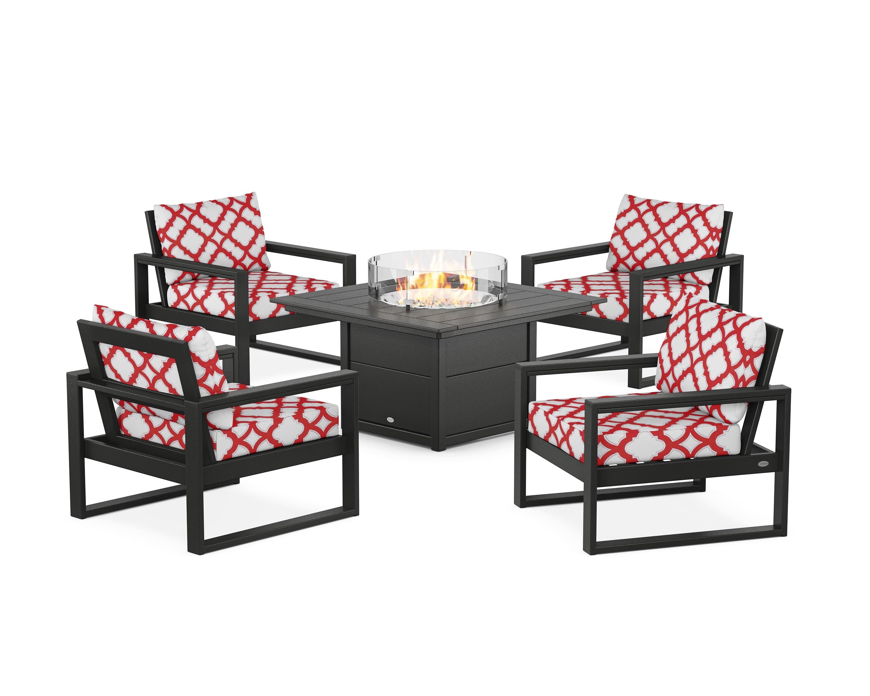 EDGE Sectional 5-Piece Deep Seating Set with Fire Pit Table in Black / Trellis Crimson