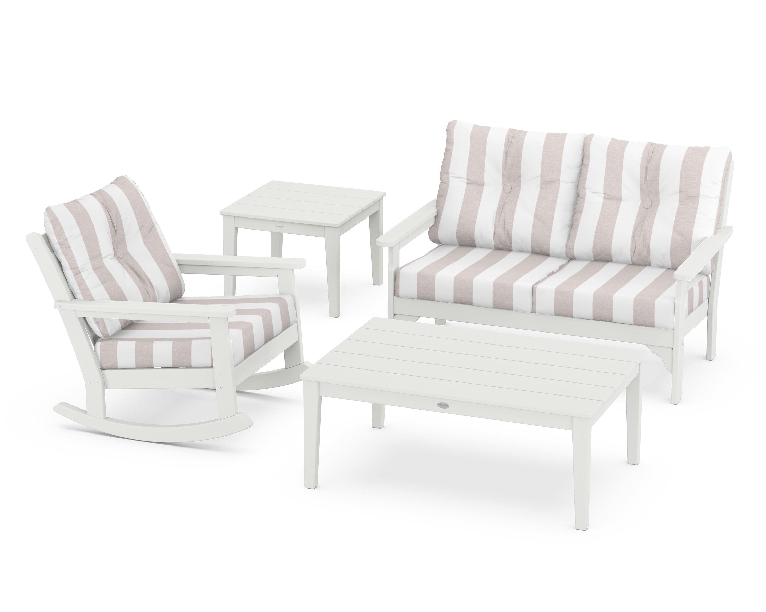 Vineyard 4-Piece Deep Seating Rocker Set in Vintage White / Cabana Stripe Dune Burlap
