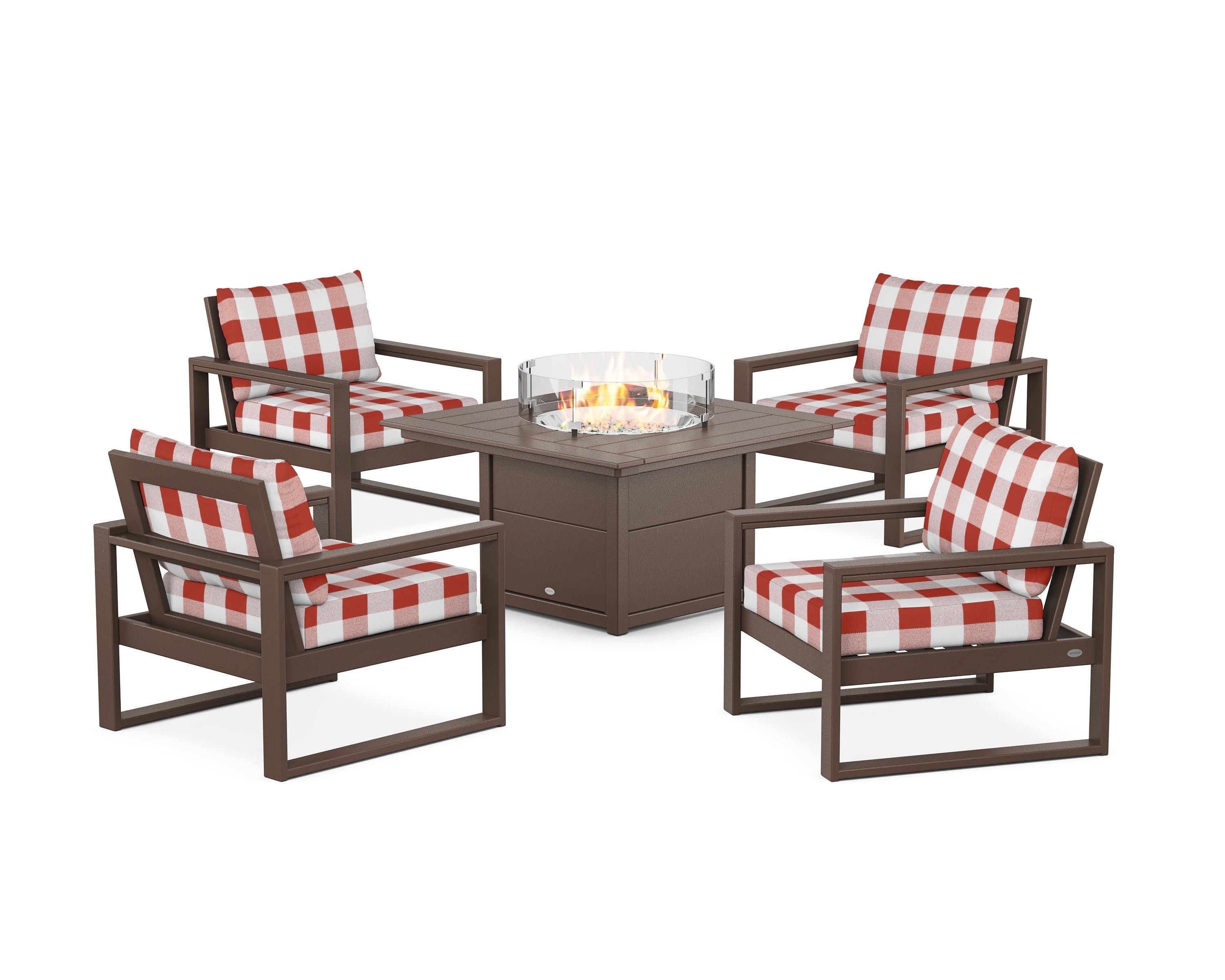EDGE Sectional 5-Piece Deep Seating Set with Fire Pit Table in Mahogany / Buffalo Plaid Crimson