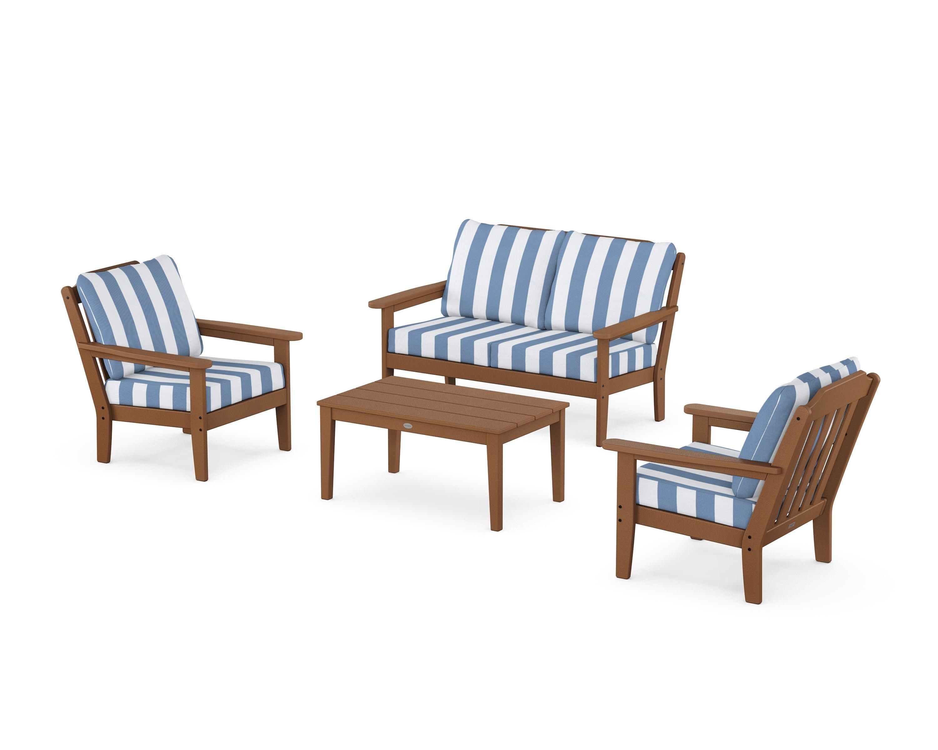 Cottage 4-Piece Deep Seating Set with Loveseat in Teak / Cabana Stripe Sky Blue
